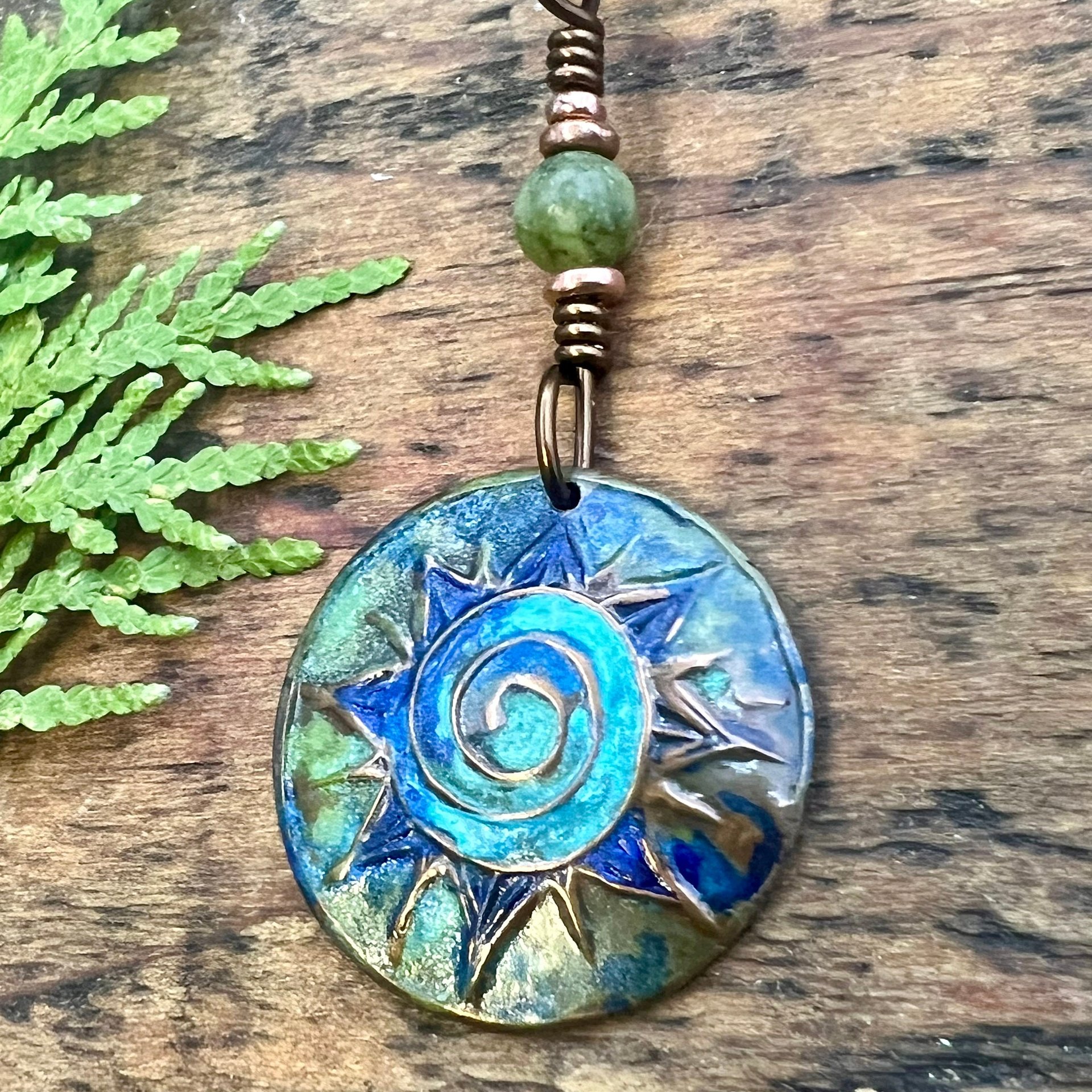 Celtic Sun Spiral Necklace, Copper Patina Pendant, Connemara Marble, Irish Celtic Spirals, Colorful Sun, Blue Green, Pagan Celtic Witch Gift