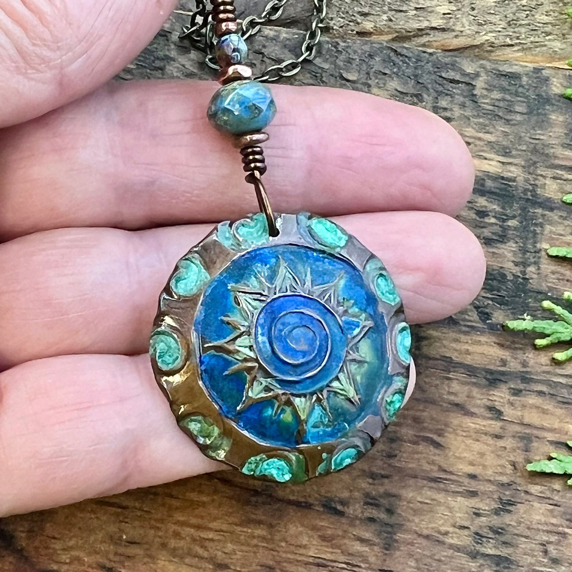 Celtic Sun Spiral Necklace, Copper Patina Pendant, Czech Glass Bead, Irish Celtic Spirals, Colorful Sun, Blue Green, Pagan Celtic Witch Gift