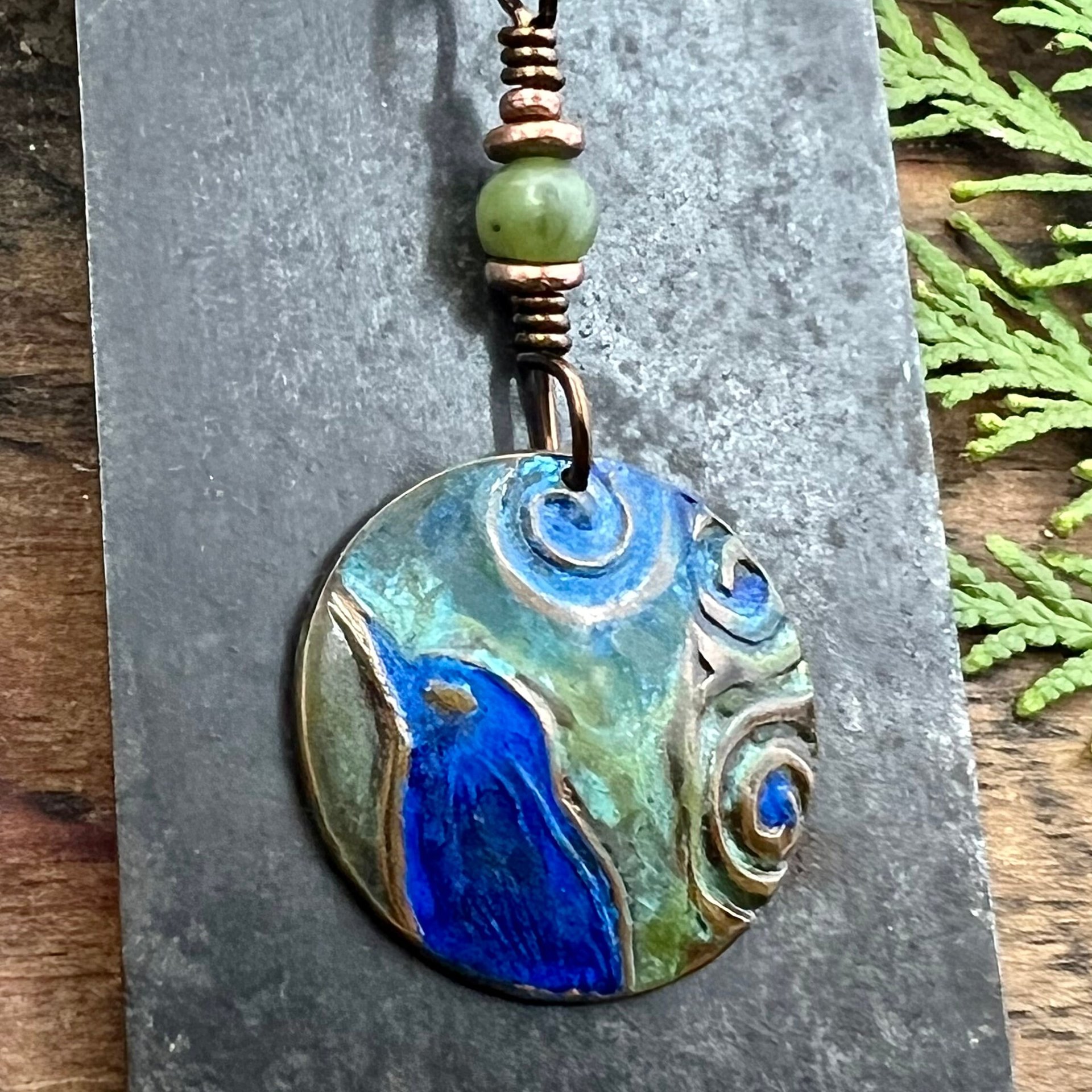 Copper Raven Pendant, Colorful Patina, Connemara Marble, Hand Carved, Irish Celtic Spirals, Celtic Witch Goddess, Crow Corvid Birds, Earthy