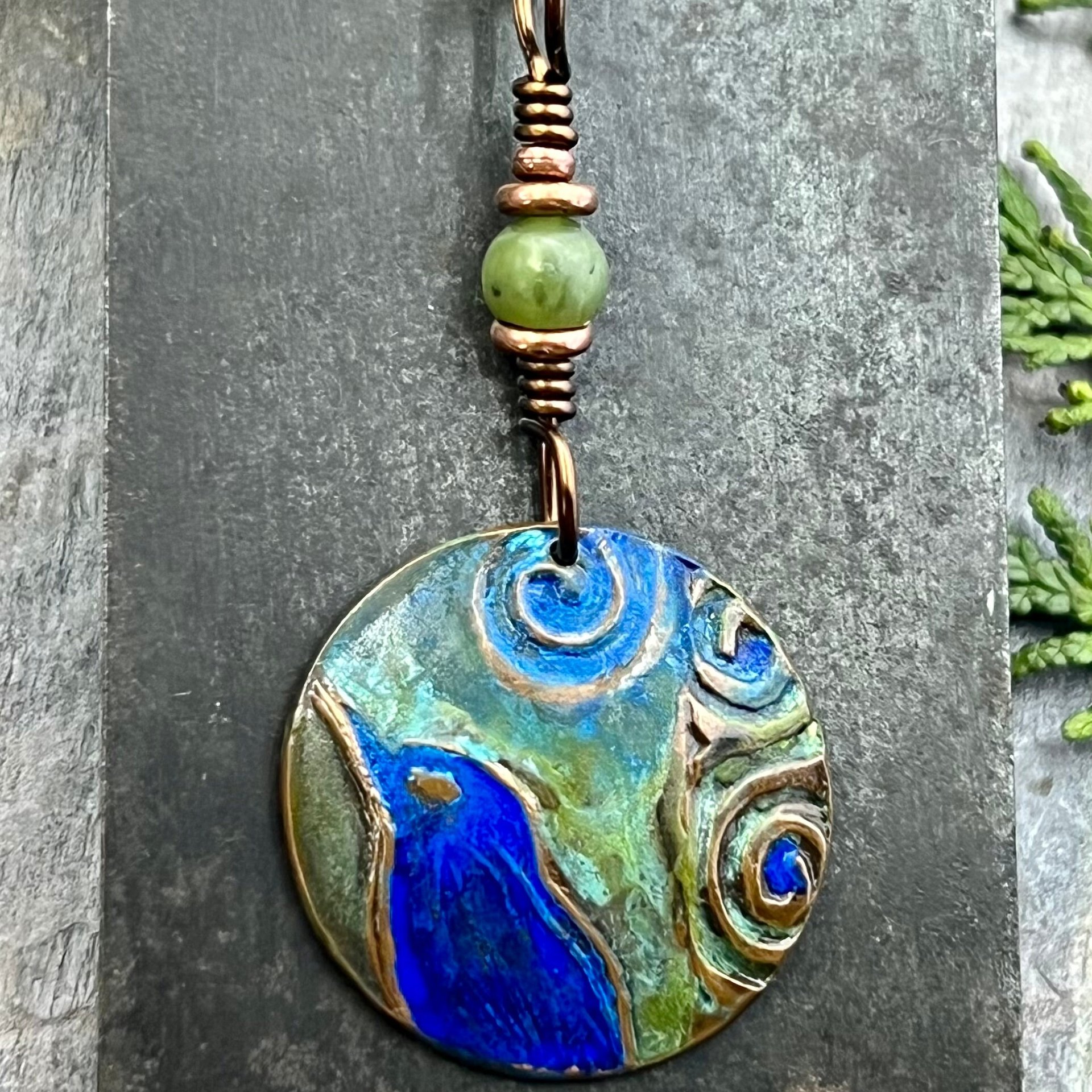 Copper Raven Pendant, Colorful Patina, Connemara Marble, Hand Carved, Irish Celtic Spirals, Celtic Witch Goddess, Crow Corvid Birds, Earthy