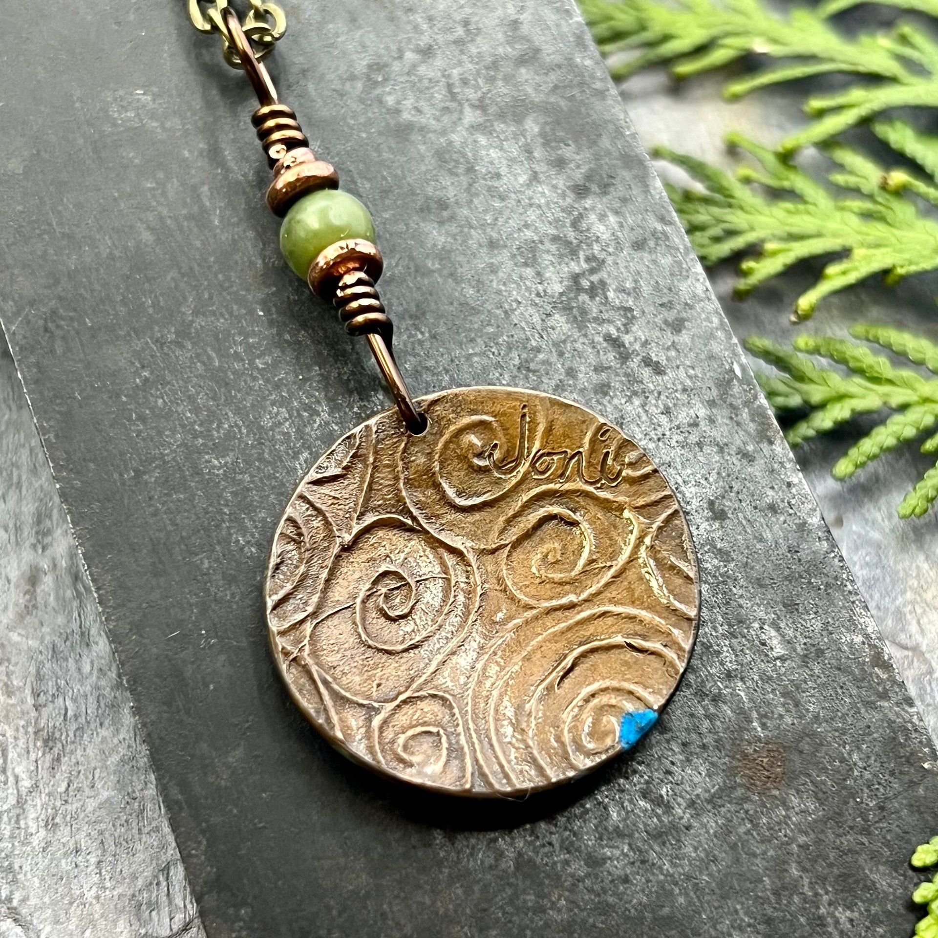 Copper Raven Pendant, Colorful Patina, Connemara Marble, Hand Carved, Irish Celtic Spirals, Celtic Witch Goddess, Crow Corvid Birds, Earthy