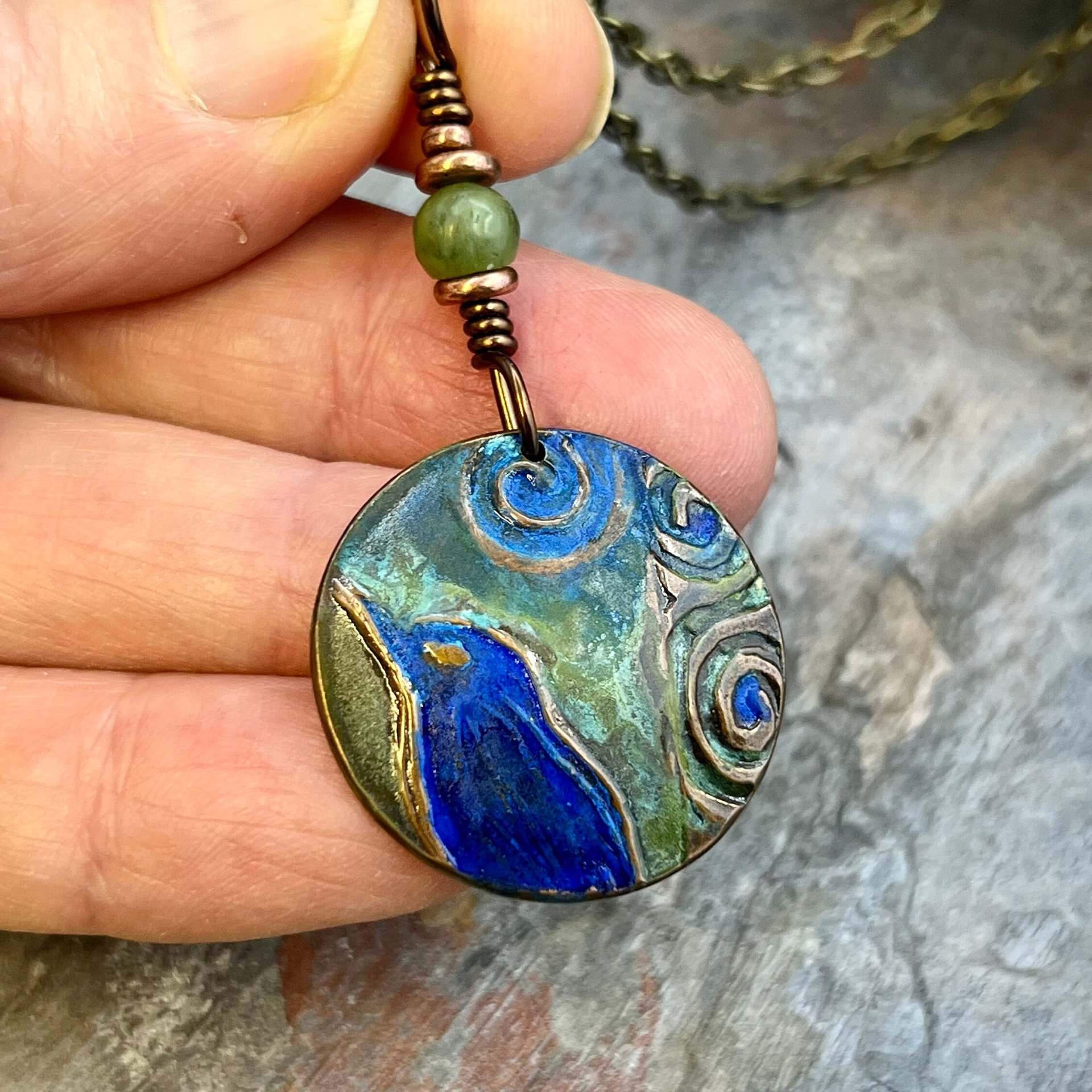 Copper Raven Pendant, Colorful Patina, Connemara Marble, Hand Carved, Irish Celtic Spirals, Celtic Witch Goddess, Crow Corvid Birds, Earthy