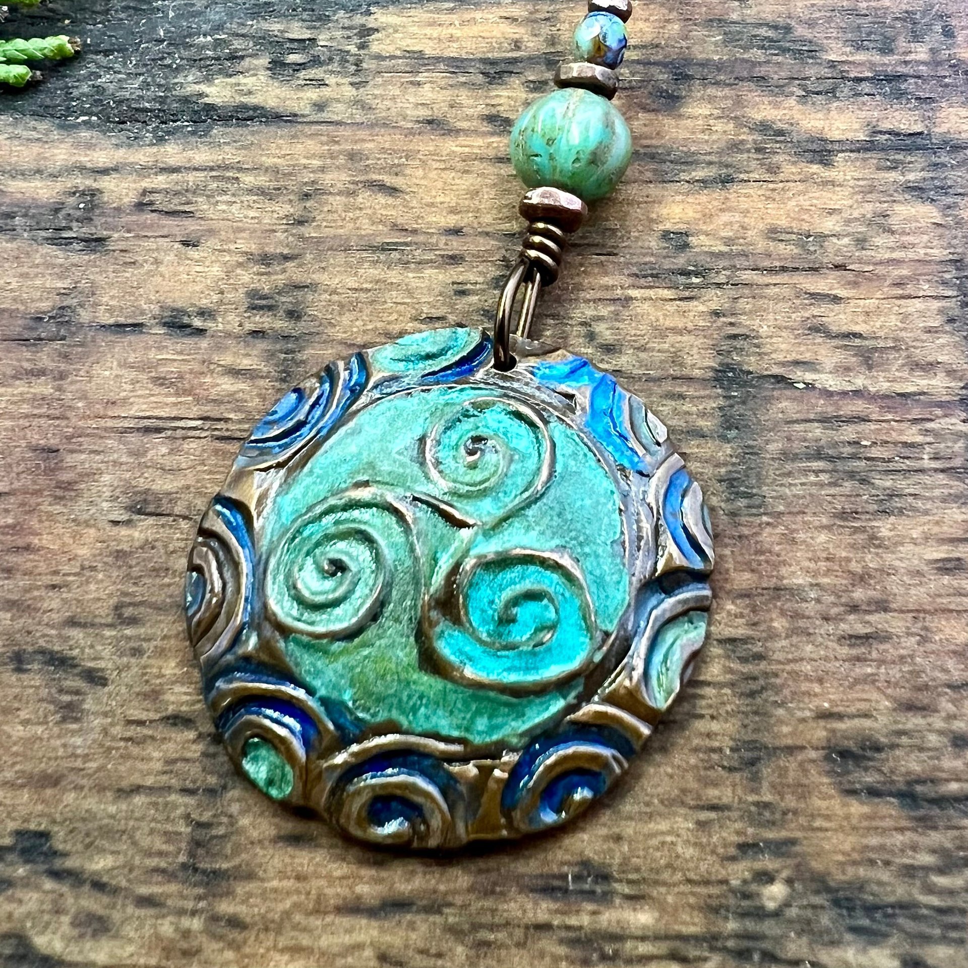 Triskele Copper Pendant, Verdigris Patina, Hand Carved, Connemara Marble, Triskelion Triple Spiral, Irish Celtic Pagan, Newgrange Ireland