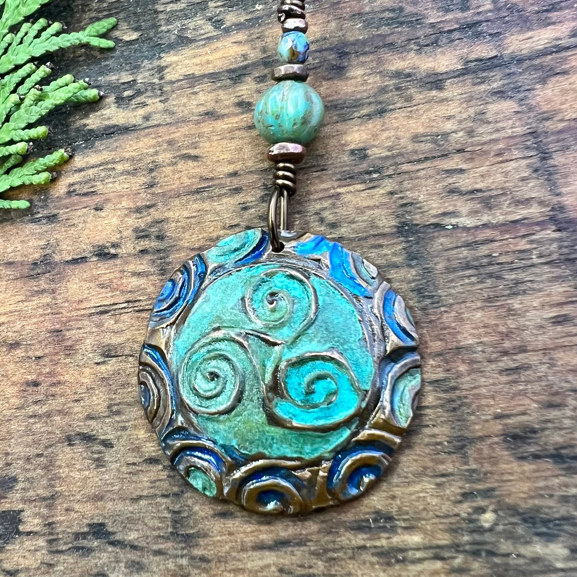 Triskele Copper Pendant, Verdigris Patina, Hand Carved, Connemara Marble, Triskelion Triple Spiral, Irish Celtic Pagan, Newgrange Ireland