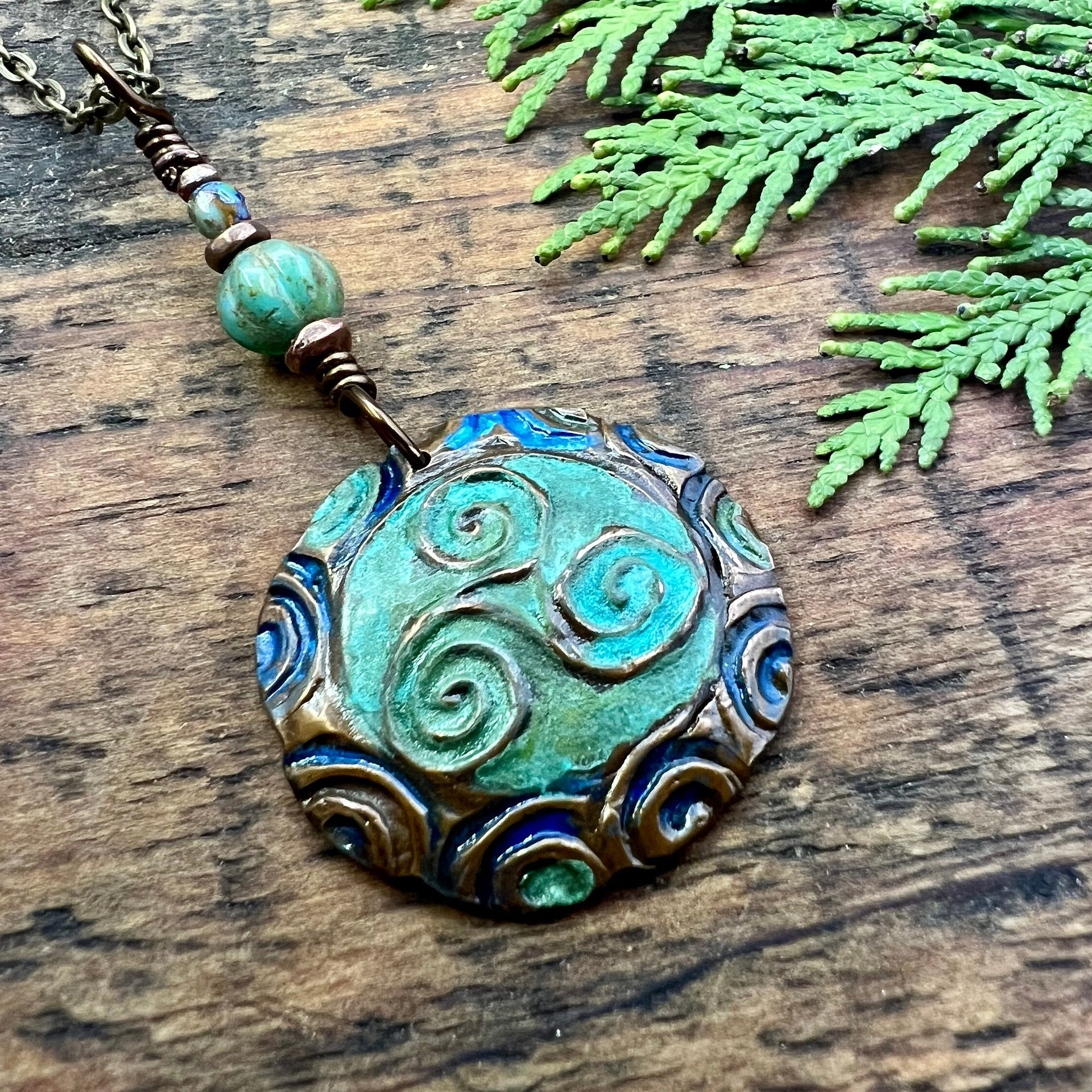 Triskele Copper Pendant, Verdigris Patina, Hand Carved, Connemara Marble, Triskelion Triple Spiral, Irish Celtic Pagan, Newgrange Ireland