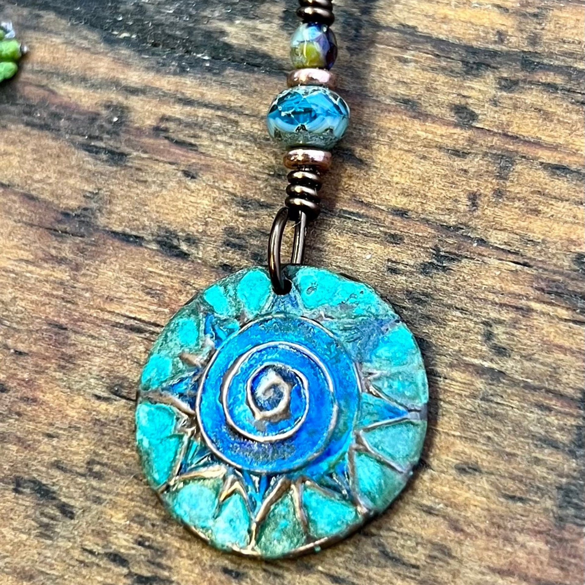 Celtic Sun Spiral Necklace, Copper Patina Pendant, Czech Glass Bead, Irish Celtic Spirals, Colorful Sun, Blue Green, Pagan Celtic Witch Gift