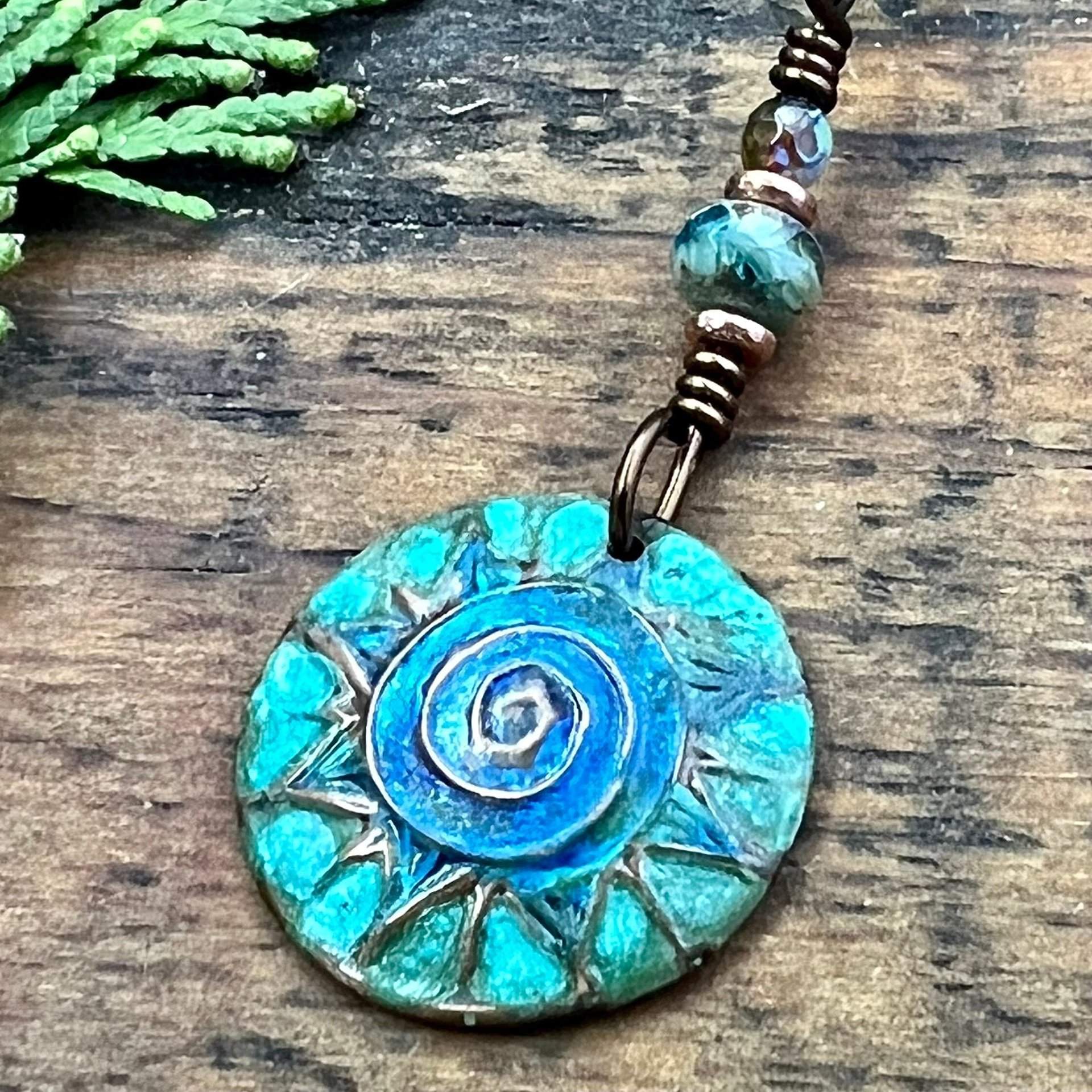 Celtic Sun Spiral Necklace, Copper Patina Pendant, Czech Glass Bead, Irish Celtic Spirals, Colorful Sun, Blue Green, Pagan Celtic Witch Gift