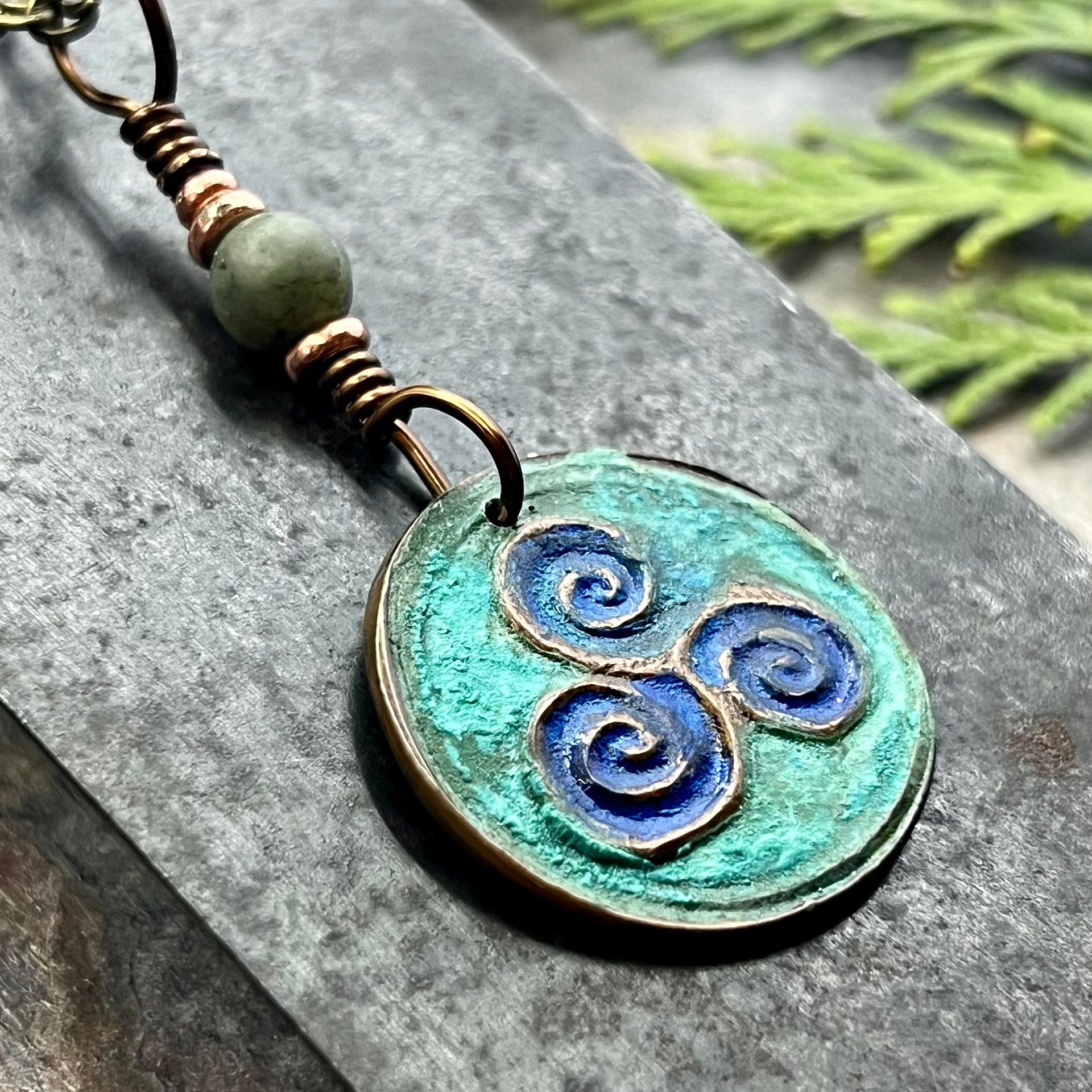 Triskele Copper Pendant, Verdigris Patina, Hand Carved, Connemara Marble, Triskelion Triple Spiral, Irish Celtic Pagan, Newgrange Ireland