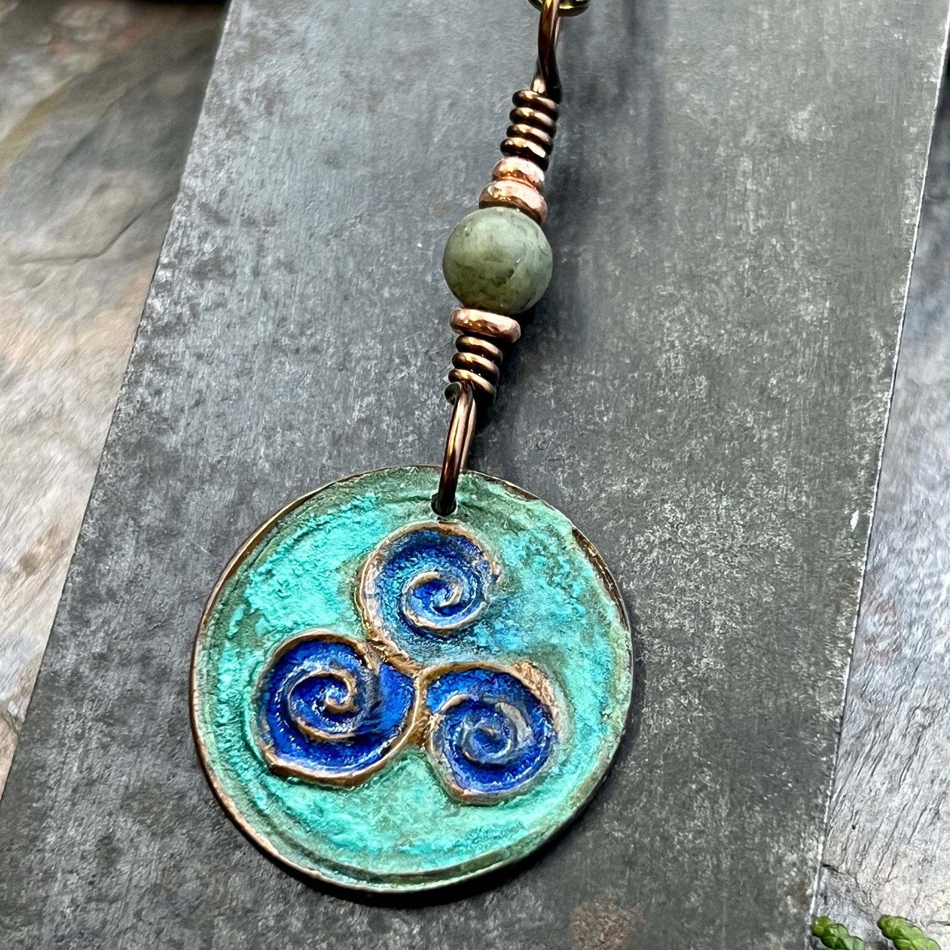 Triskele Copper Pendant, Verdigris Patina, Hand Carved, Connemara Marble, Triskelion Triple Spiral, Irish Celtic Pagan, Newgrange Ireland