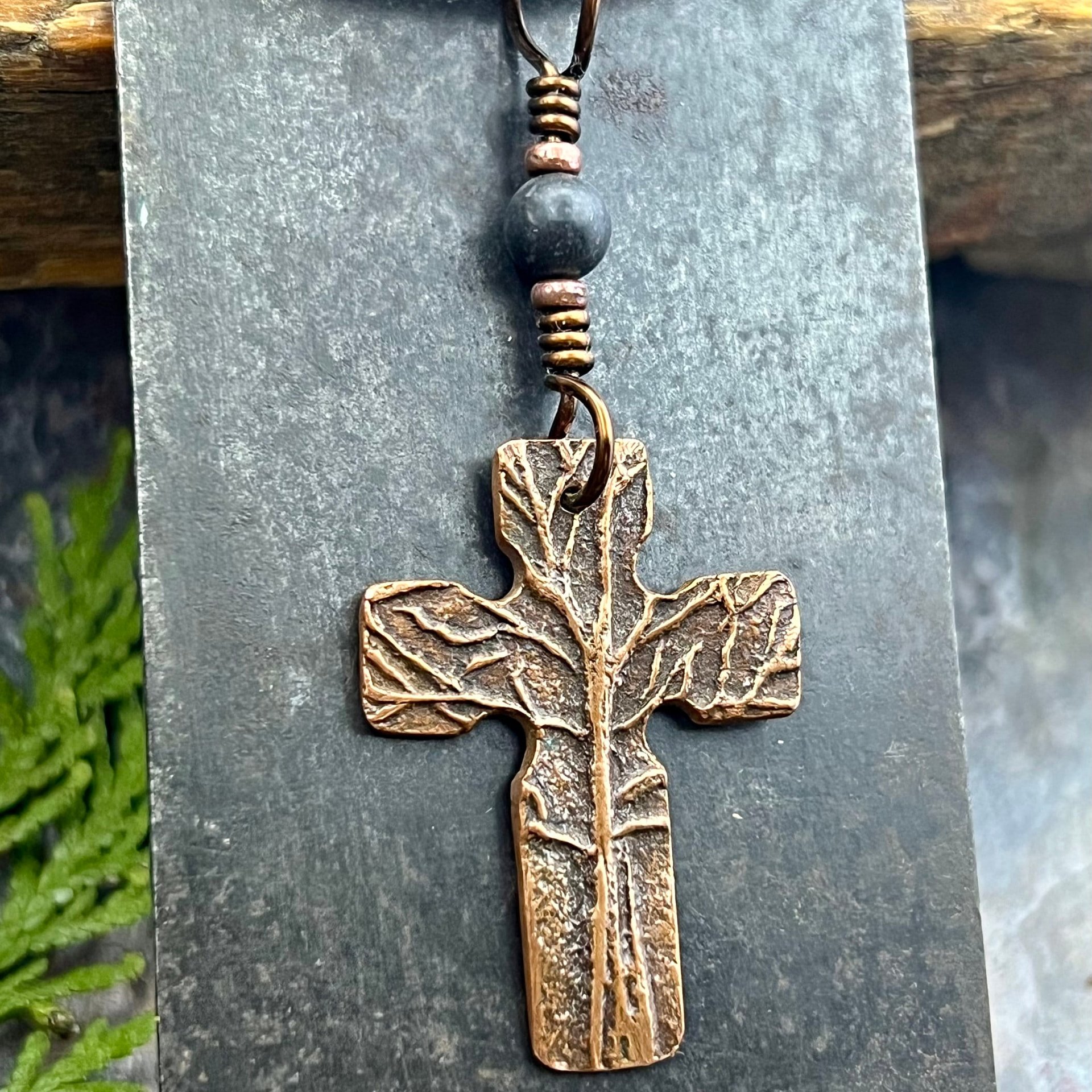 Tree Cross Charm, Copper Pendant, Tree Branches, Kilkenny Black Marble, Irish Celtic, Leather & Vegan Cords, Art Jewelry, Tree of Life Druid