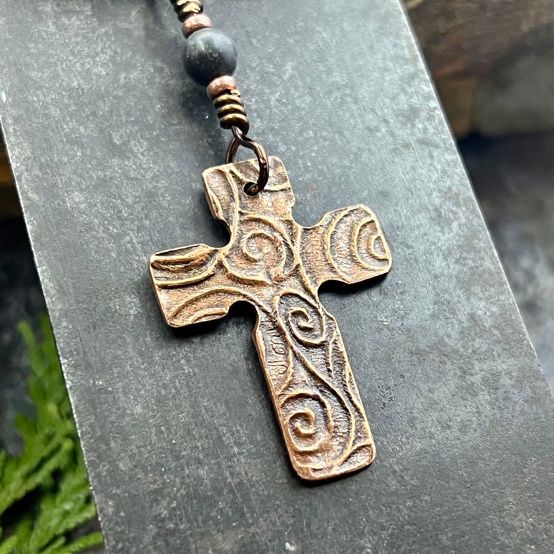 Tree Cross Charm, Copper Pendant, Tree Branches, Kilkenny Black Marble, Irish Celtic, Leather & Vegan Cords, Art Jewelry, Tree of Life Druid