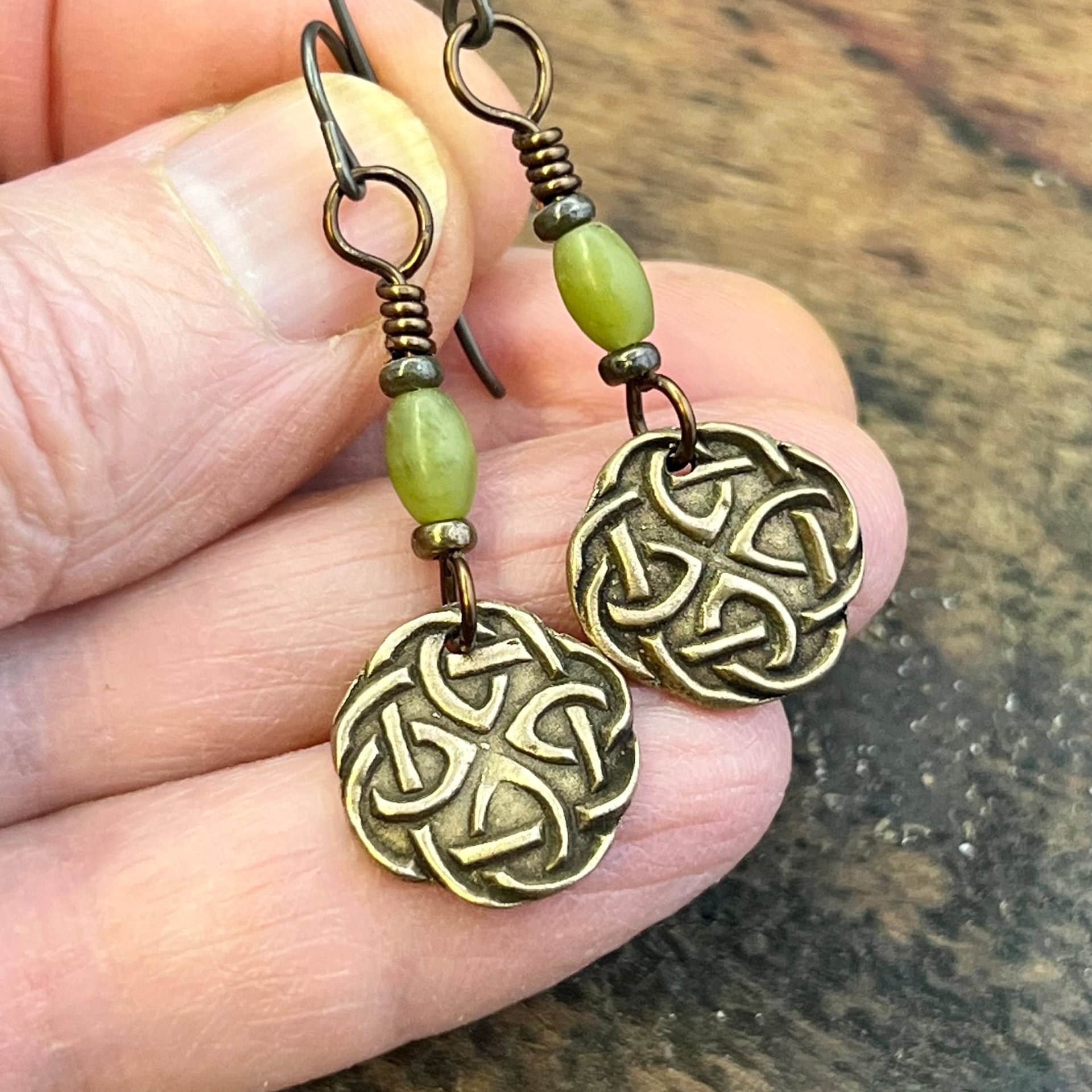 Celtic Knotwork, Bronze Earrings, Irish Celtic Jewelry, Connemara Marble, Hypoallergenic, Niobium Ear Wires, St Patrick's Day, Eternity, Triple Goddess