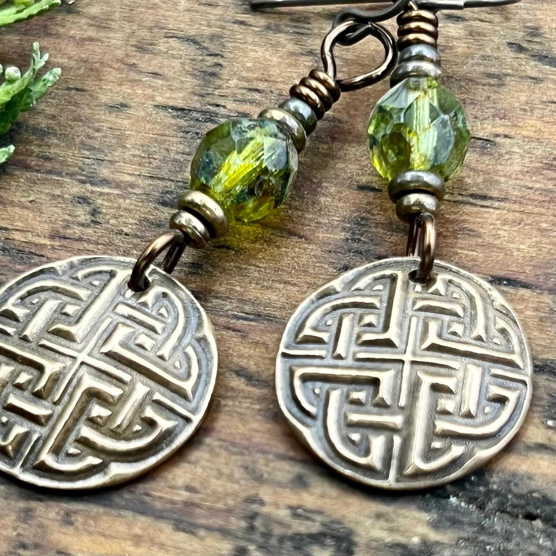 Celtic Knot, Bronze Earrings, Irish Celtic Jewelry, Green Czech Glass, Celtic Knots, St Patrick's Day, Eternity, Triple Goddess