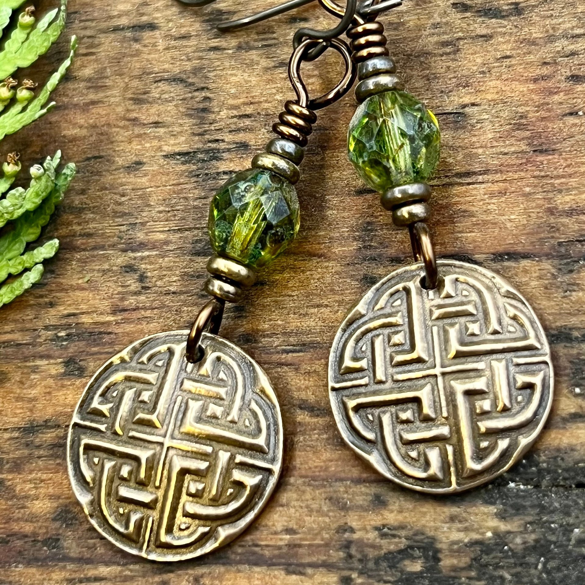 Celtic Knot, Bronze Earrings, Irish Celtic Jewelry, Green Czech Glass, Celtic Knots, St Patrick's Day, Eternity, Triple Goddess