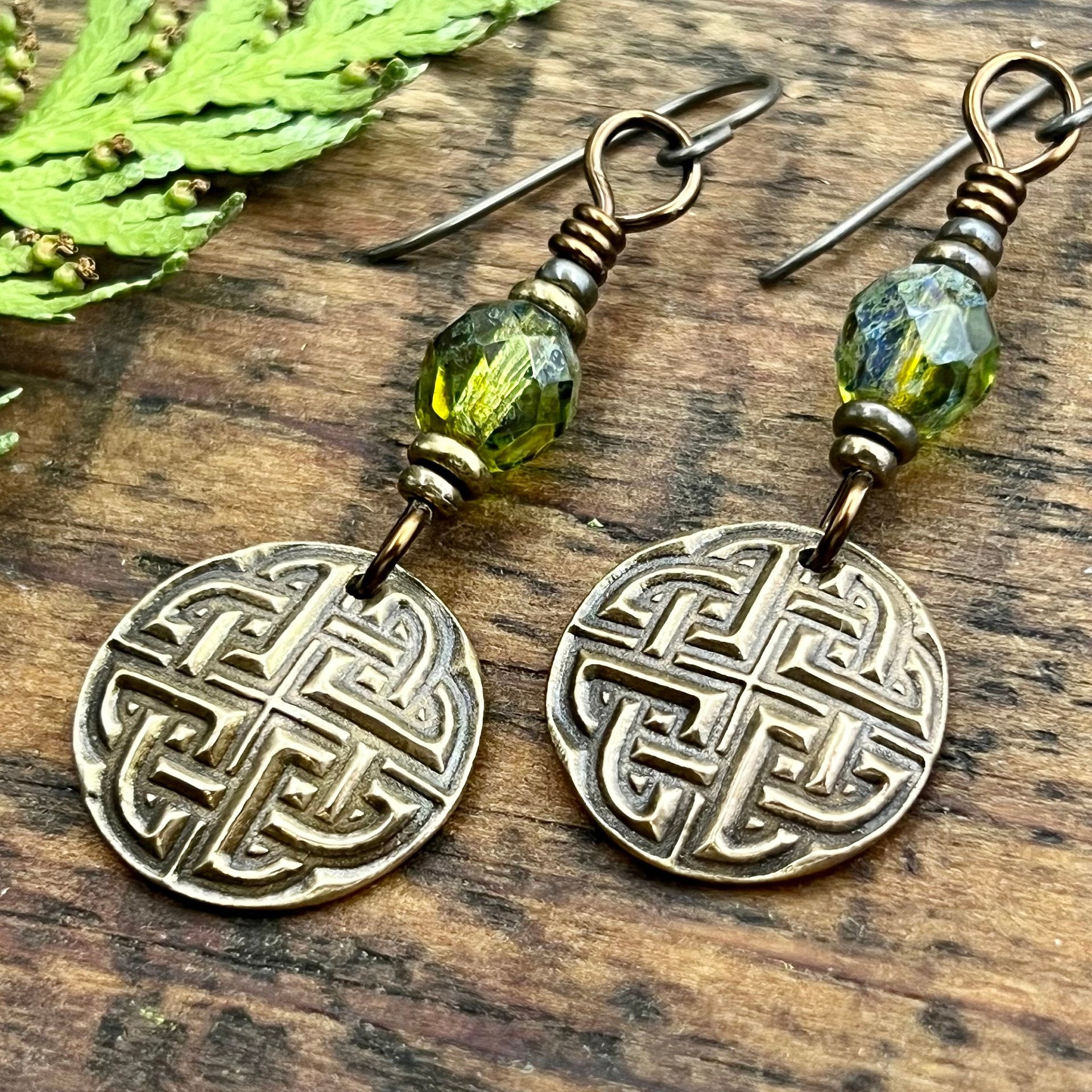 Celtic Knot, Bronze Earrings, Irish Celtic Jewelry, Green Czech Glass, Celtic Knots, St Patrick's Day, Eternity, Triple Goddess