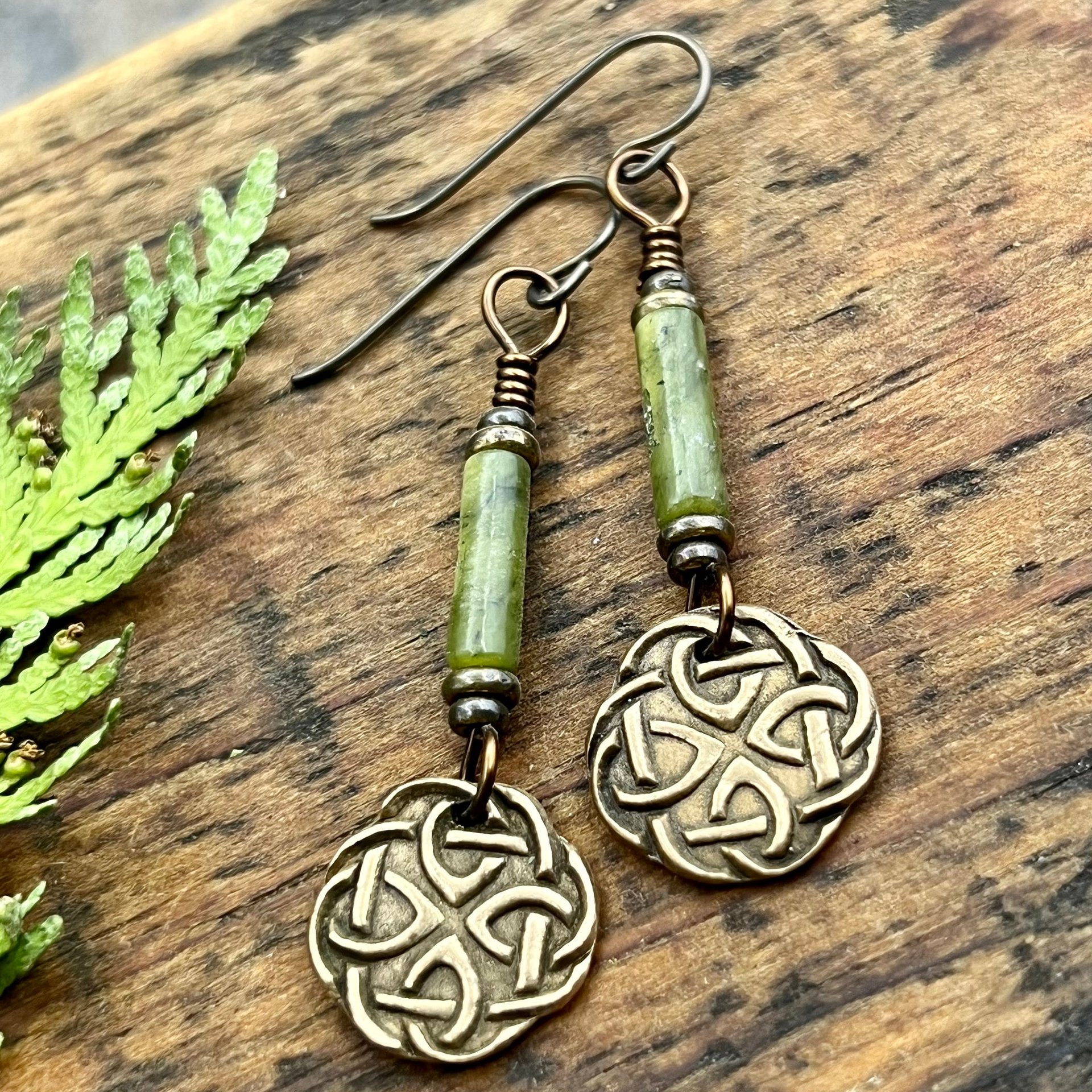 Celtic Knot, Bronze Earrings, Irish Celtic Jewelry, Connemara Marble, Hypoallergenic, Niobium Ear Wires, St Patrick's Day, Eternity, Triple Goddess
