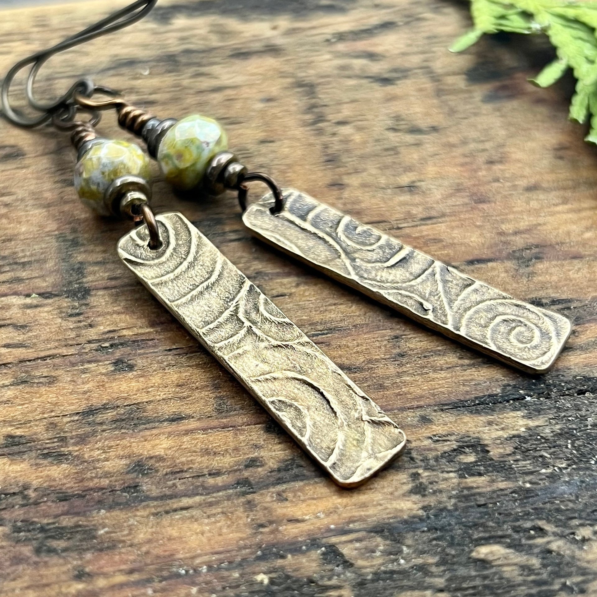 Tree Branch Earrings, Long Bronze Earrings, Czech Glass Beads, Green Witch, Pagan Celtic Druid, Earthy Organic, Handcrafted Art Jewelry