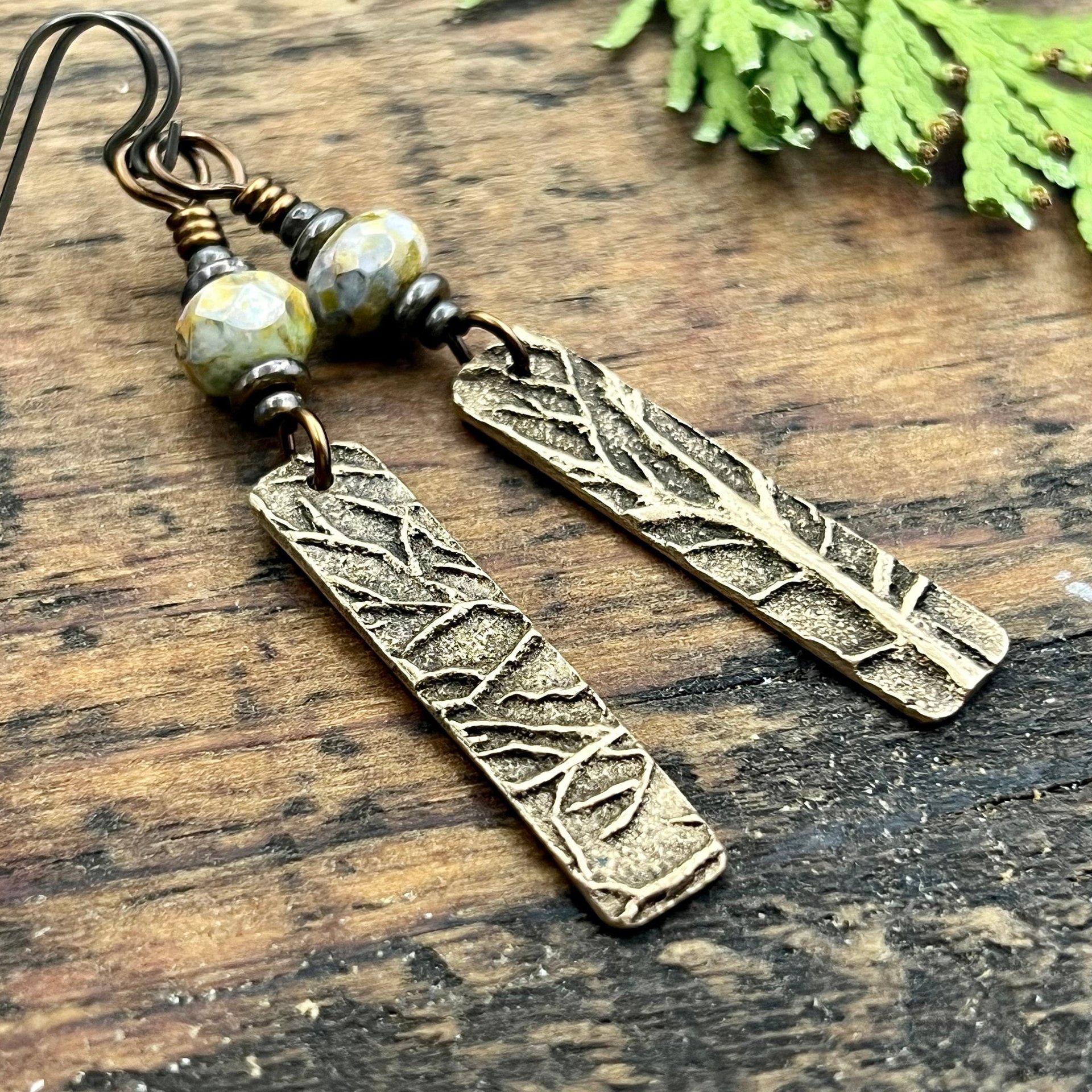 Tree Branch Earrings, Long Bronze Earrings, Czech Glass Beads, Green Witch, Pagan Celtic Druid, Earthy Organic, Handcrafted Art Jewelry