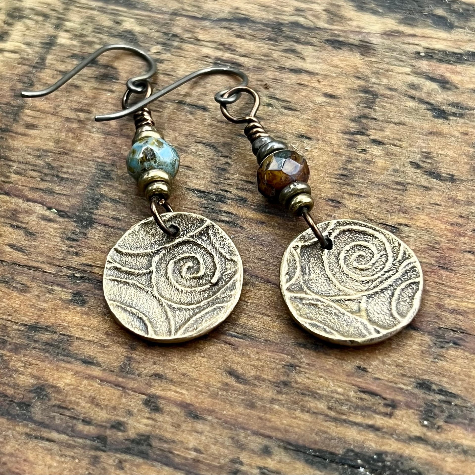 Tree of Life Earrings, Bronze Discs, Czech Glass Beads, Hypoallergenic Ear Wires, Earthy Jewelry, Hand Carved Trees, Boho Chic Style