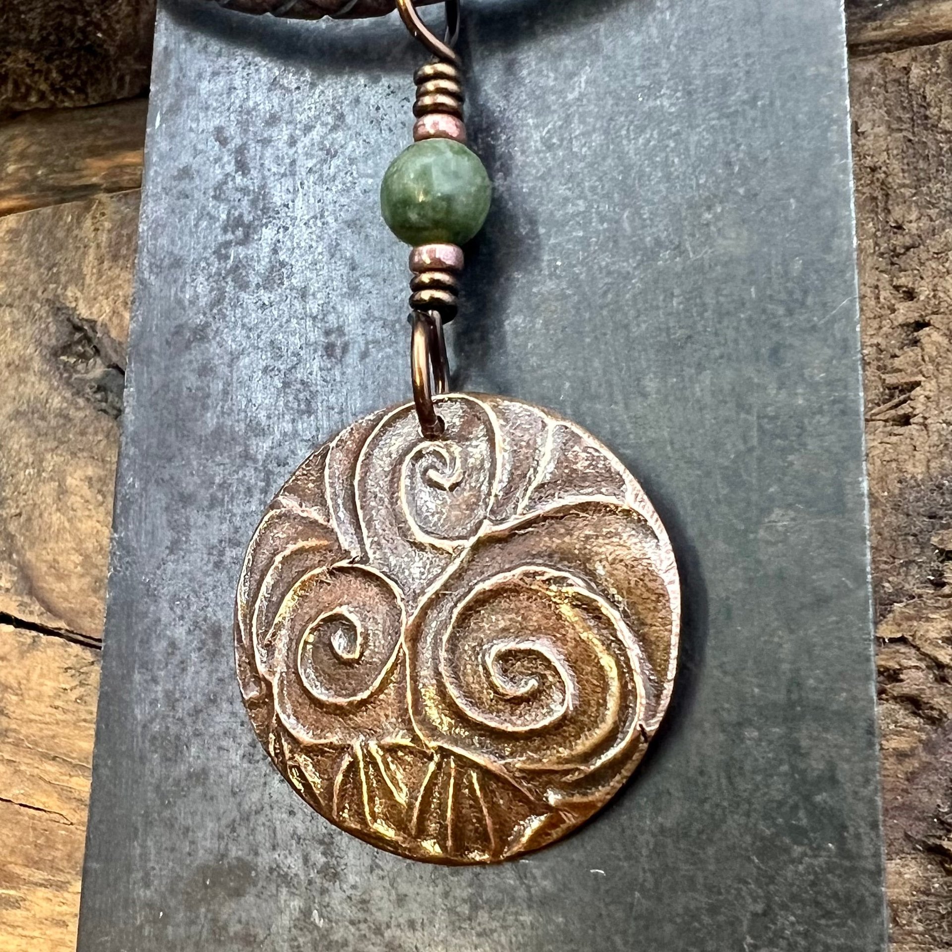 Triskele Copper Pendant, Connemara Marble, Triskelion Triple Spiral, Irish Celtic Pagan, Newgrange Ireland, Celtic Witch, Handcrafted Charm