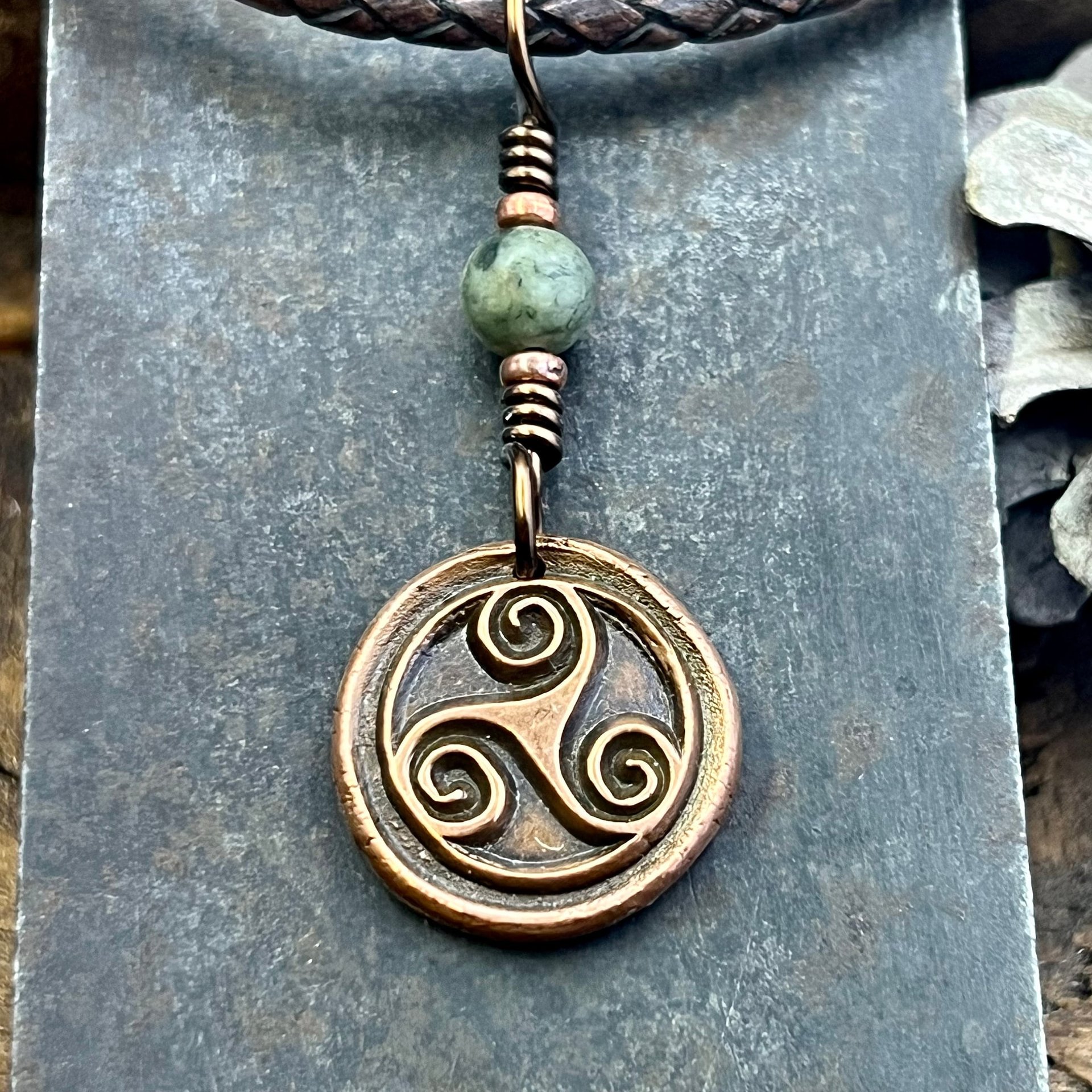 Triskele Charm, Copper Necklace, Wax Seal Charm, Connemara Marble, Irish Celtic Pagan, 7 Anniversary, Celtic Witch, Triskelion Triple Spiral