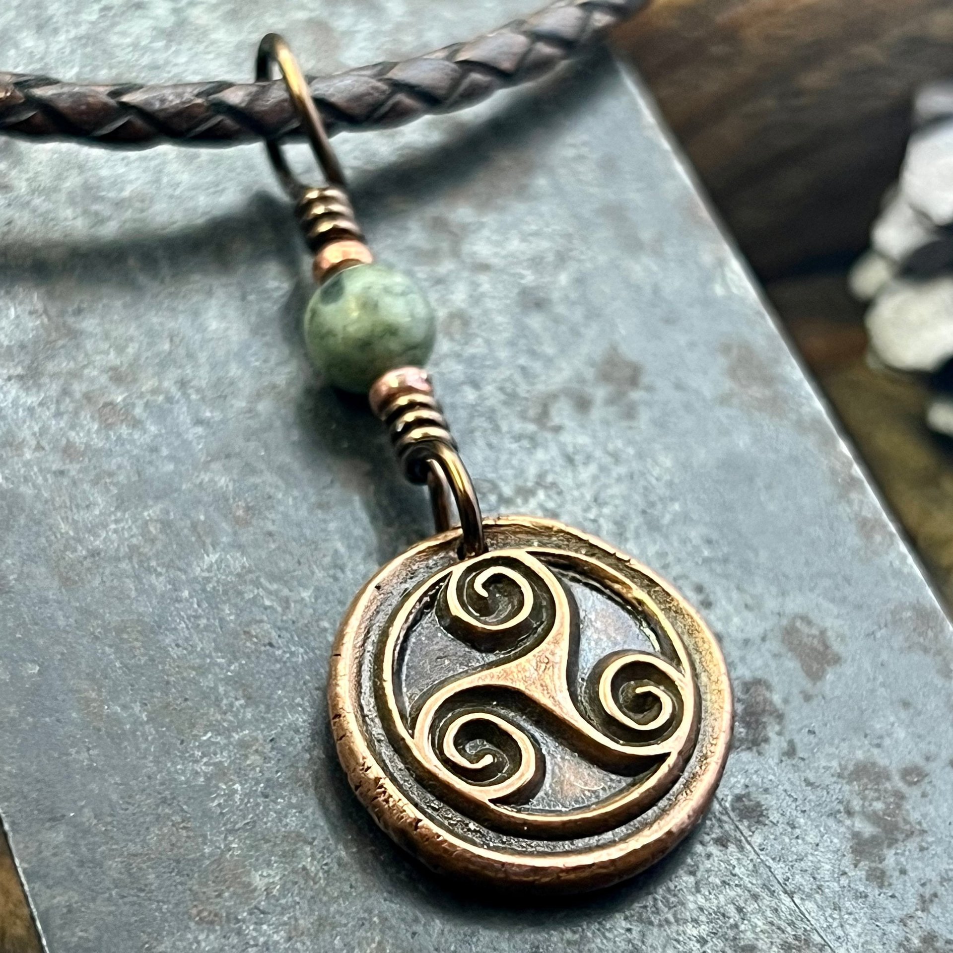 Triskele Charm, Copper Necklace, Wax Seal Charm, Connemara Marble, Irish Celtic Pagan, 7 Anniversary, Celtic Witch, Triskelion Triple Spiral