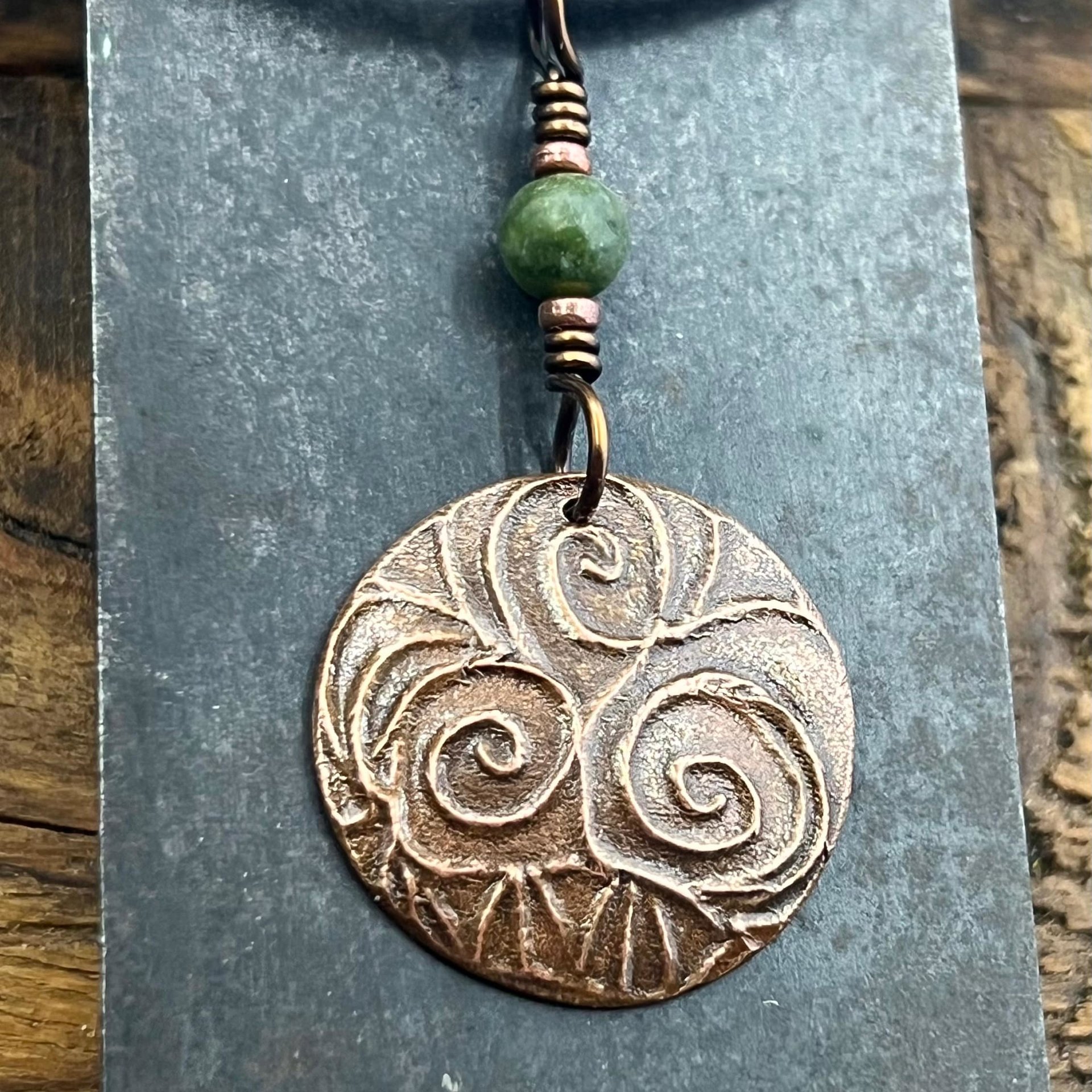 Triskele Copper Pendant, Connemara Marble, Triskelion Triple Spiral, Irish Celtic Pagan, Newgrange Ireland, Celtic Witch, Handcrafted Charm