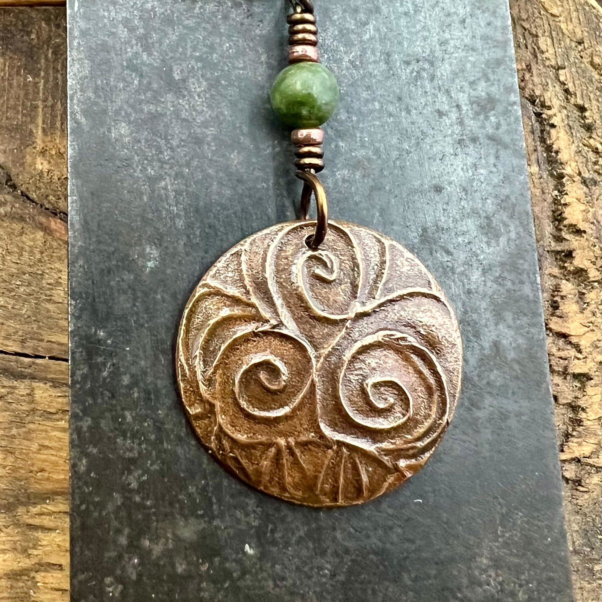 Triskele Copper Pendant, Connemara Marble, Triskelion Triple Spiral, Irish Celtic Pagan, Newgrange Ireland, Celtic Witch, Handcrafted Charm