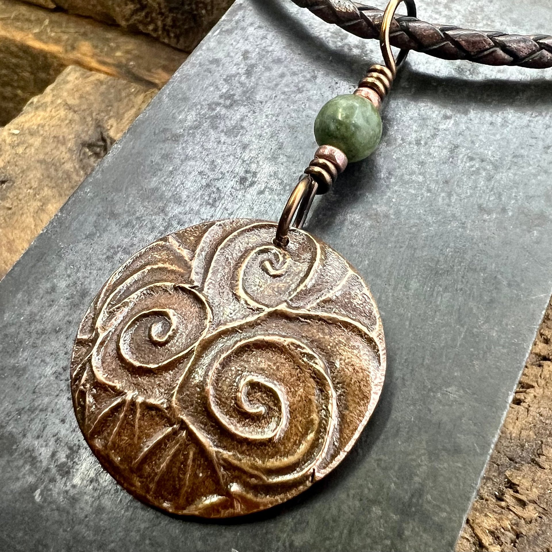 Triskele Copper Pendant, Connemara Marble, Triskelion Triple Spiral, Irish Celtic Pagan, Newgrange Ireland, Celtic Witch, Handcrafted Charm