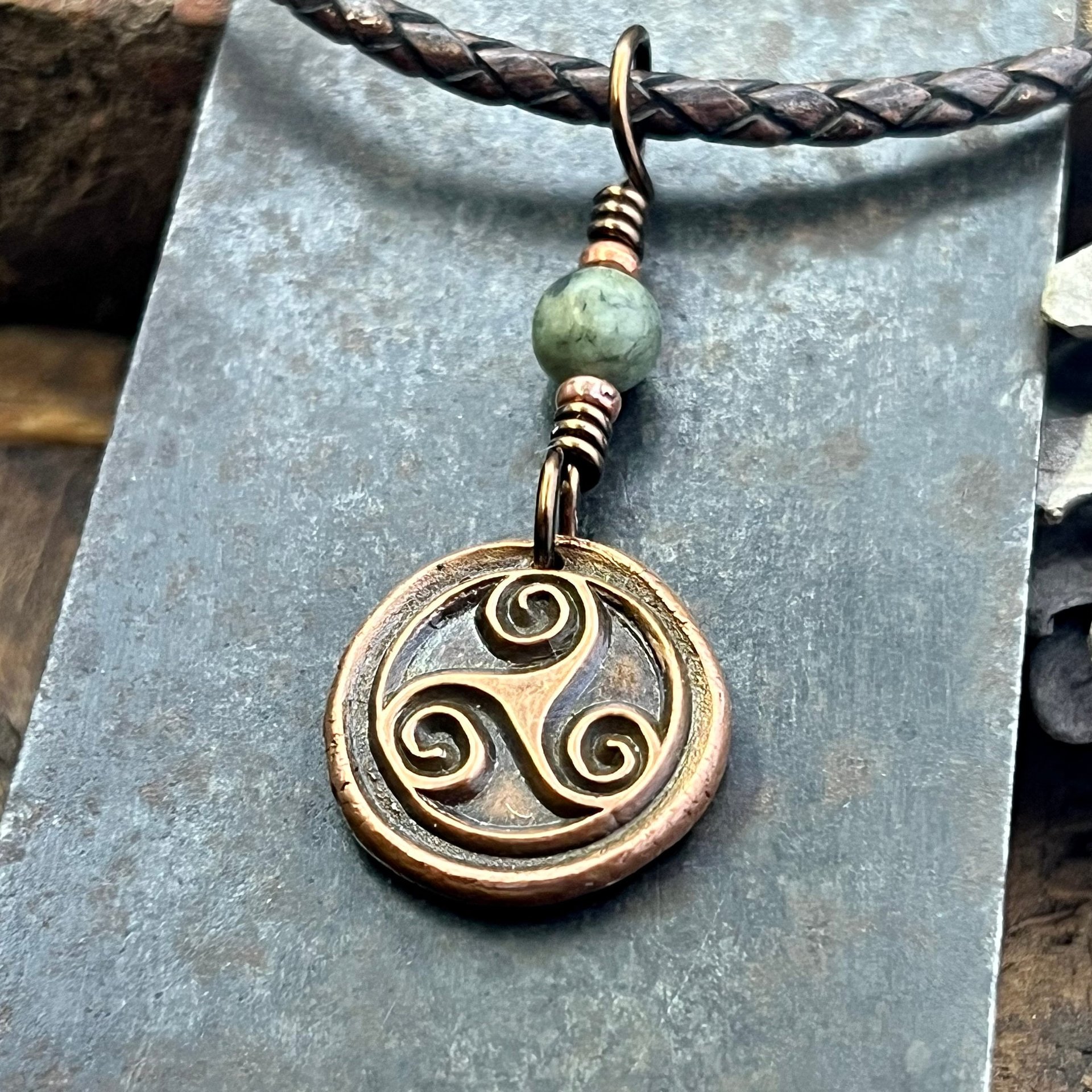 Triskele Charm, Copper Necklace, Wax Seal Charm, Connemara Marble, Irish Celtic Pagan, 7 Anniversary, Celtic Witch, Triskelion Triple Spiral