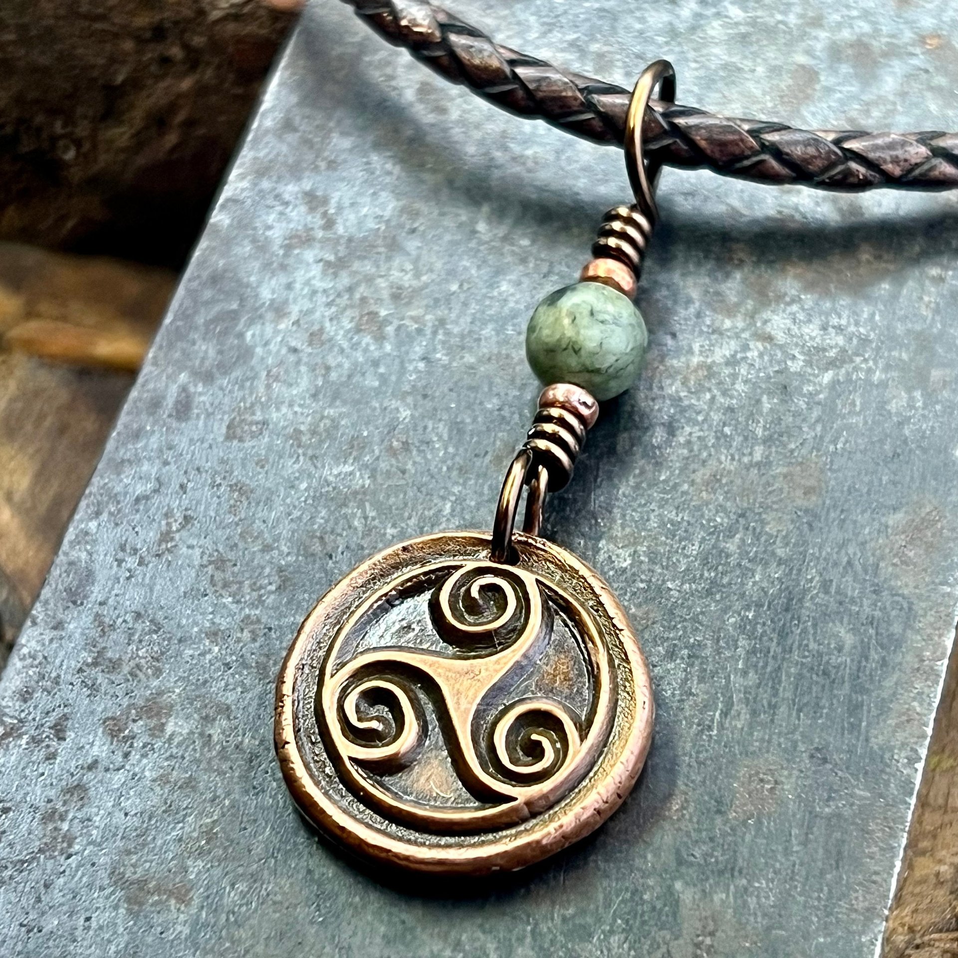 Triskele Charm, Copper Necklace, Wax Seal Charm, Connemara Marble, Irish Celtic Pagan, 7 Anniversary, Celtic Witch, Triskelion Triple Spiral