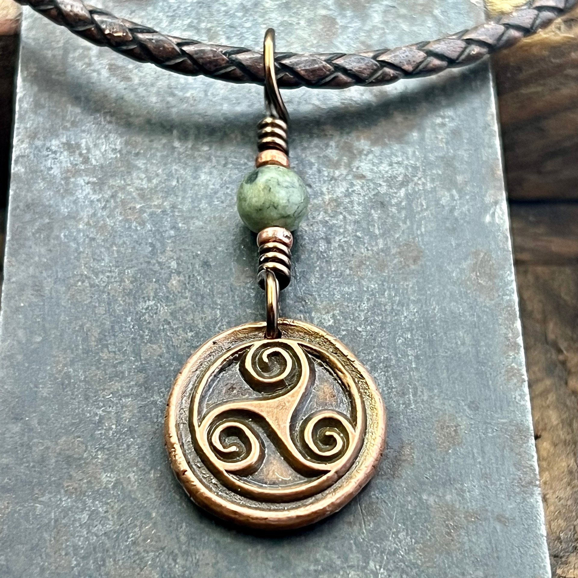 Triskele Charm, Copper Necklace, Wax Seal Charm, Connemara Marble, Irish Celtic Pagan, 7 Anniversary, Celtic Witch, Triskelion Triple Spiral