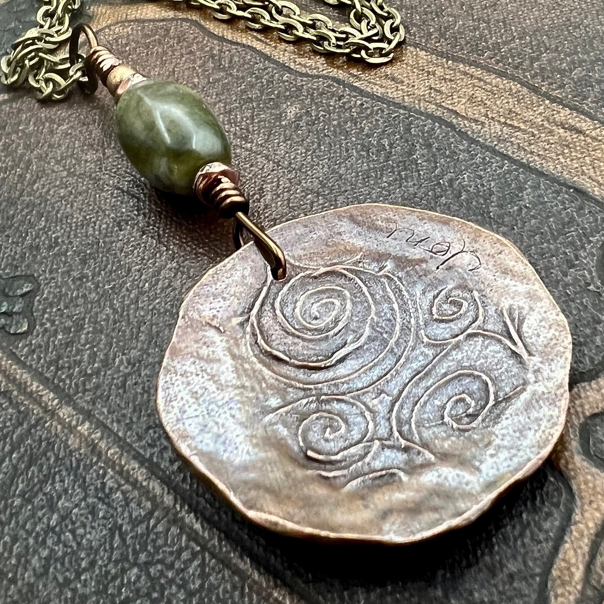 Newgrange Copper Pendant, Connemara Marble, Triskelion Triple Spiral, Irish Celtic Pagan, County Meath, Ireland, Celtic Witch, Irish Gifts