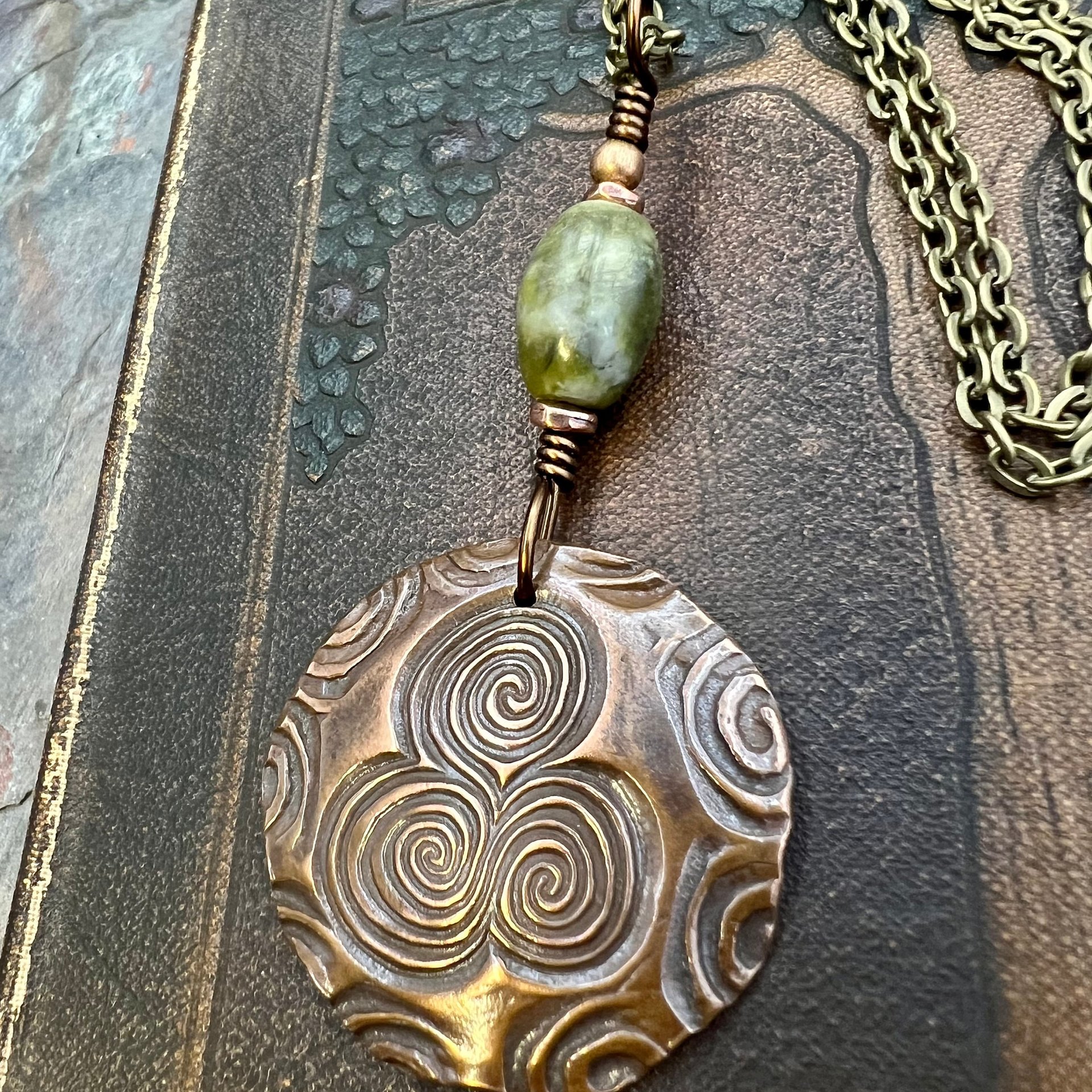 Newgrange Copper Pendant, Connemara Marble, Triskelion Triple Spiral, Irish Celtic Pagan, County Meath, Ireland, Celtic Witch, Irish Gifts