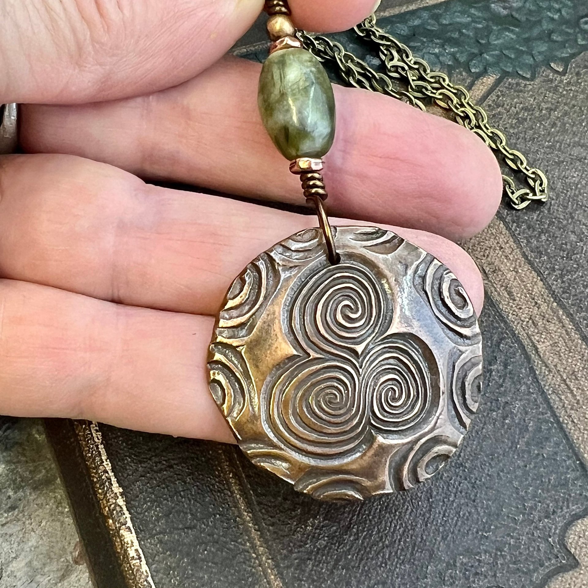 Newgrange Copper Pendant, Connemara Marble, Triskelion Triple Spiral, Irish Celtic Pagan, County Meath, Ireland, Celtic Witch, Irish Gifts