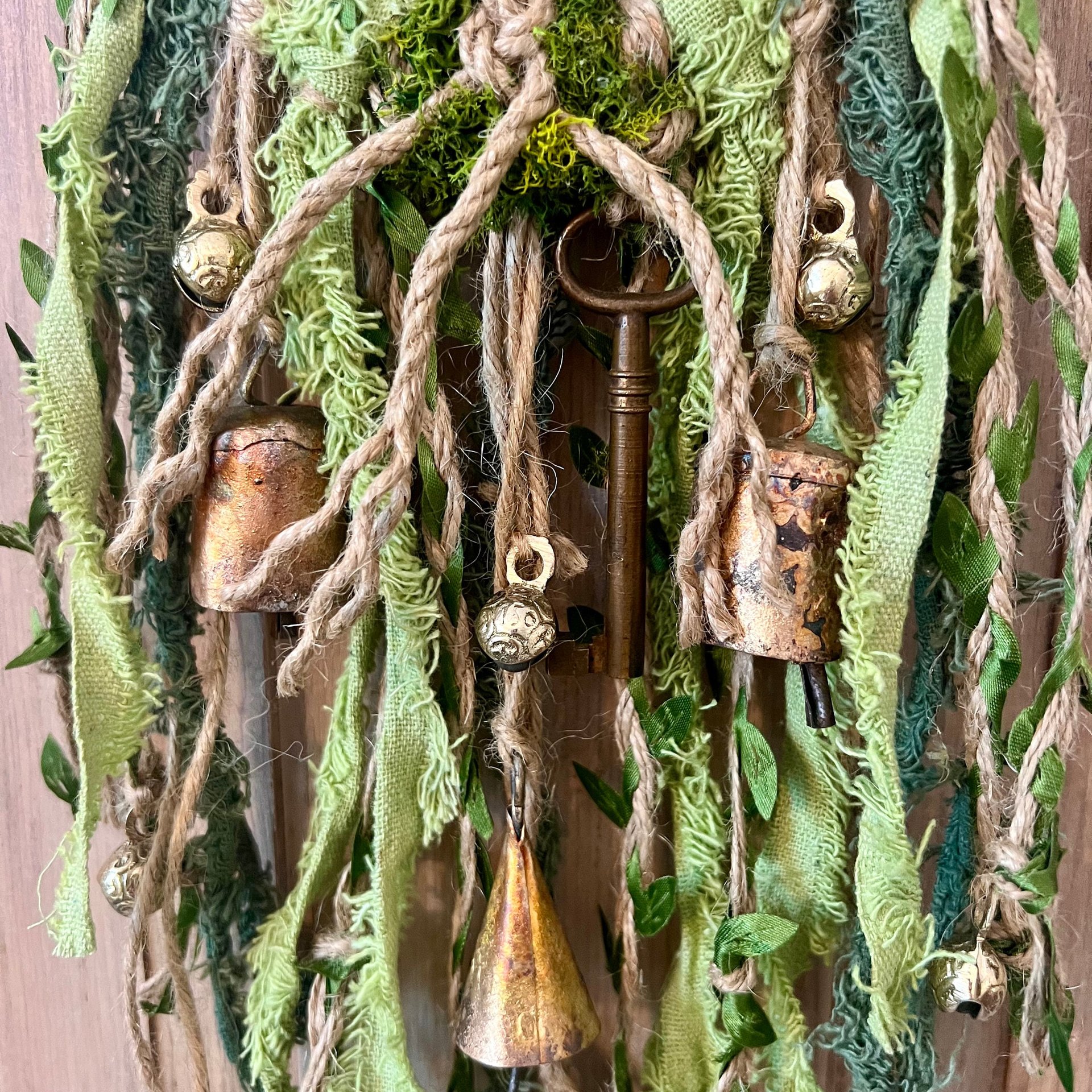 Tree of Life Witch Bells, Home & Door Protection, Doorknob Hanger, 5 Inch Mossy Wreath, Housewarming Gifts, Spirit Altar Bells, Recycled Ribbons