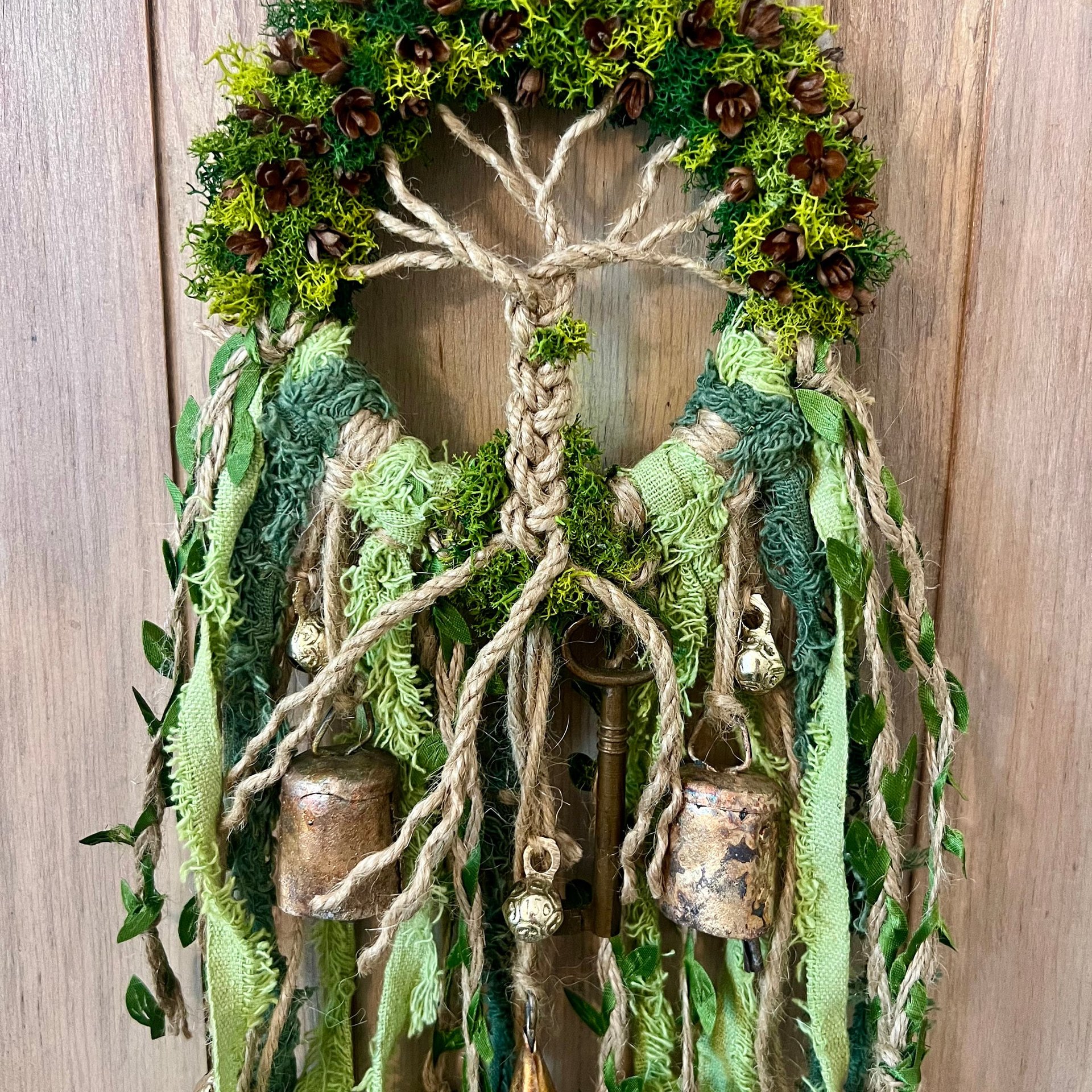 Tree of Life Witch Bells, Home & Door Protection, Doorknob Hanger, 5 Inch Mossy Wreath, Housewarming Gifts, Spirit Altar Bells, Recycled Ribbons