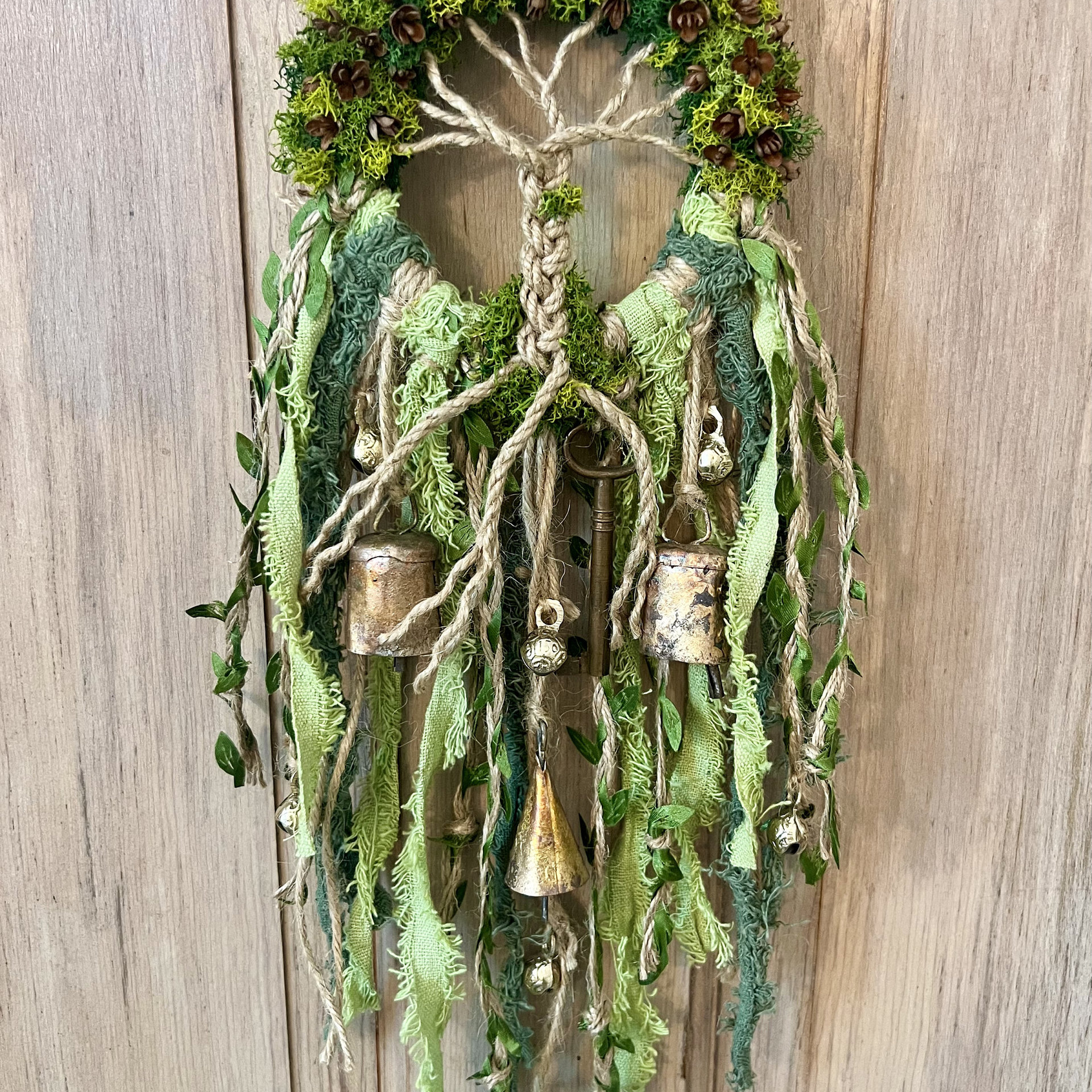 Tree of Life Witch Bells, Home & Door Protection, Doorknob Hanger, 5 Inch Mossy Wreath, Housewarming Gifts, Spirit Altar Bells, Recycled Ribbons