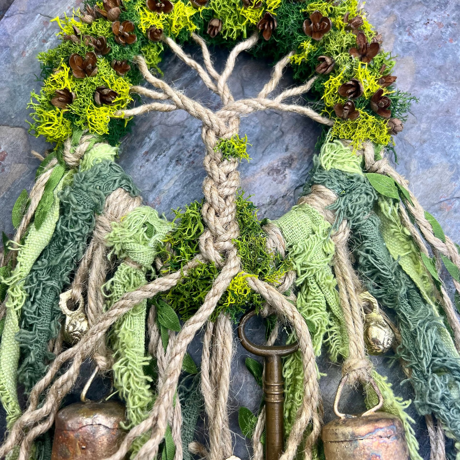 Tree of Life Witch Bells, Home & Door Protection, Doorknob Hanger, 5 Inch Mossy Wreath, Housewarming Gifts, Spirit Altar Bells, Recycled Ribbons