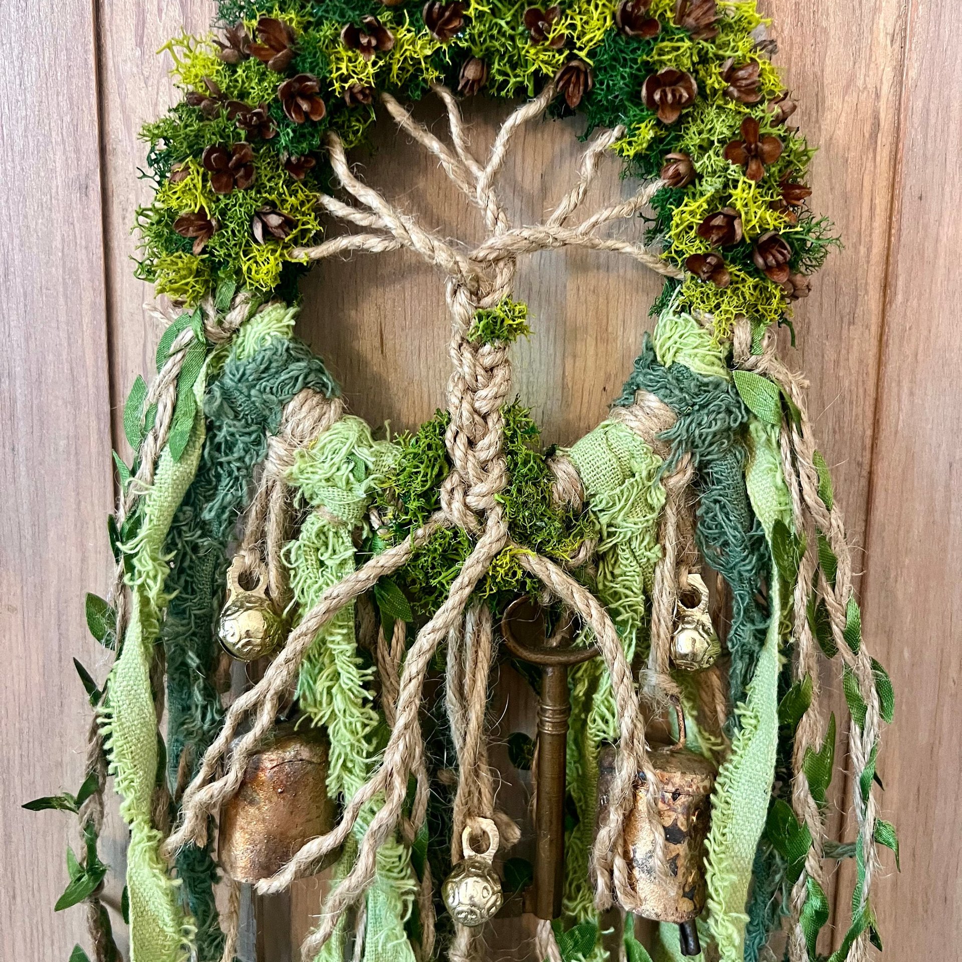 Tree of Life Witch Bells, Home & Door Protection, Doorknob Hanger, 5 Inch Mossy Wreath, Housewarming Gifts, Spirit Altar Bells, Recycled Ribbons