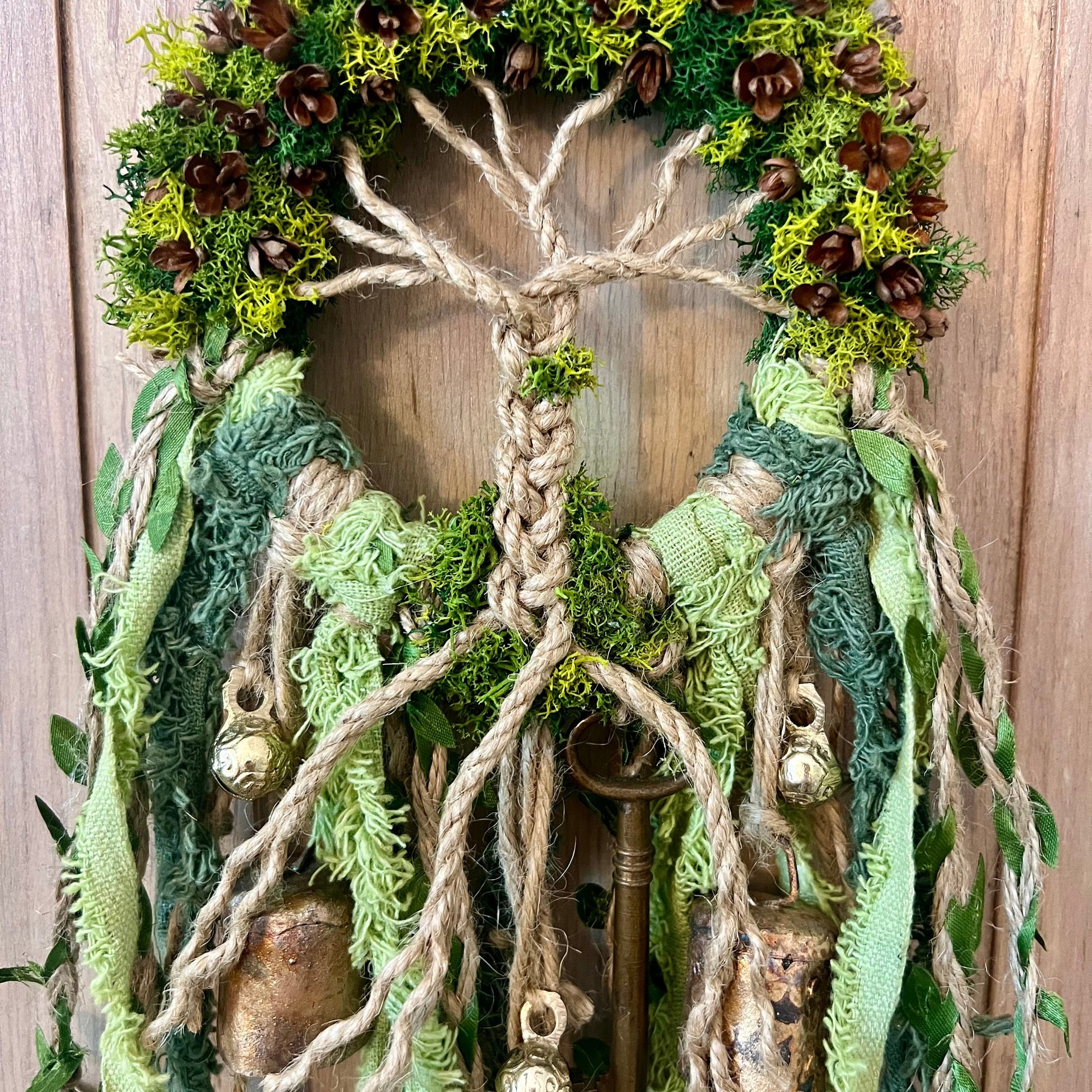 Tree of Life Witch Bells, Home & Door Protection, Doorknob Hanger, 5 Inch Mossy Wreath, Housewarming Gifts, Spirit Altar Bells, Recycled Ribbons