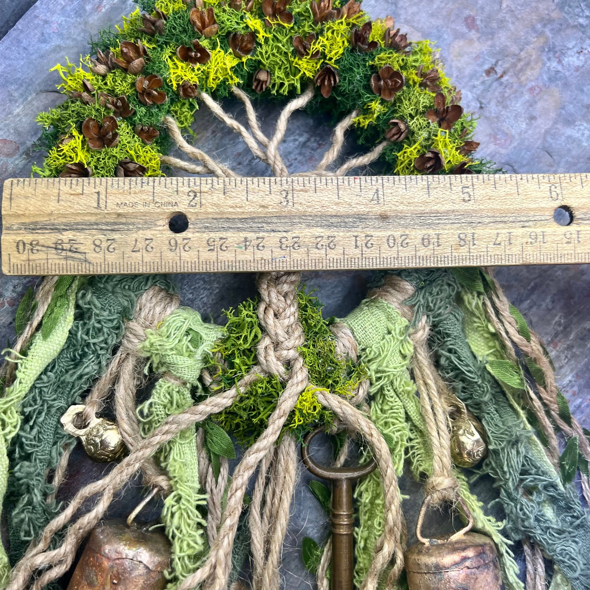 Tree of Life Witch Bells, Home & Door Protection, Doorknob Hanger, 5 Inch Mossy Wreath, Housewarming Gifts, Spirit Altar Bells, Recycled Ribbons