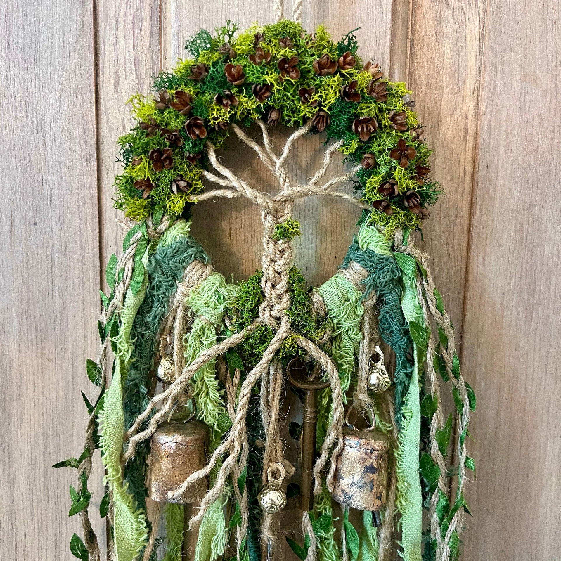 Tree of Life Witch Bells, Home & Door Protection, Doorknob Hanger, 5 Inch Mossy Wreath, Housewarming Gifts, Spirit Altar Bells, Recycled Ribbons
