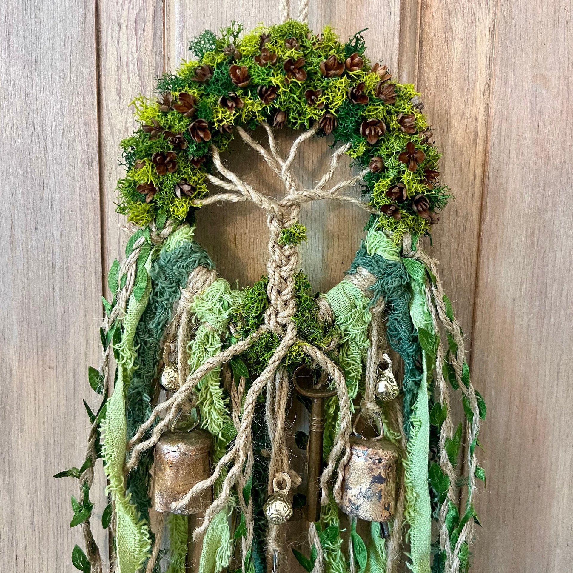 Tree of Life Witch Bells, Home & Door Protection, Doorknob Hanger, 5 Inch Mossy Wreath, Housewarming Gifts, Spirit Altar Bells, Recycled Ribbons