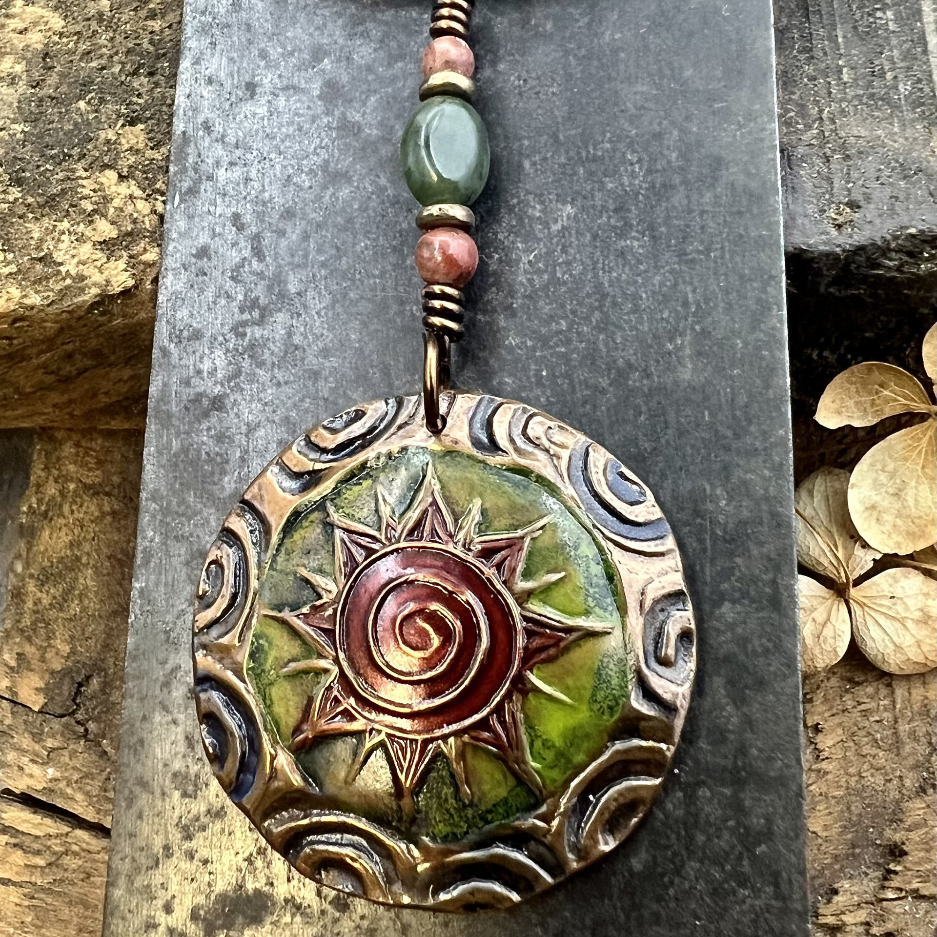 Celtic Sun Spiral Necklace, Copper Patina Pendant, Connemara Marble, Irish Celtic Spirals, Colorful Sun, Red Green, Pagan Celtic Witch Gift