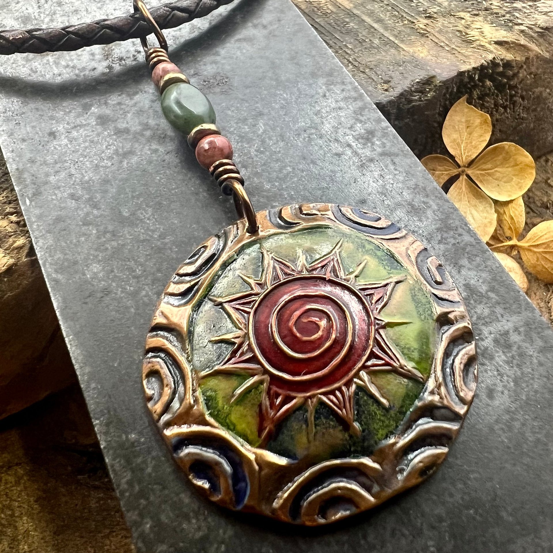 Celtic Sun Spiral Necklace, Copper Patina Pendant, Connemara Marble, Irish Celtic Spirals, Colorful Sun, Red Green, Pagan Celtic Witch Gift