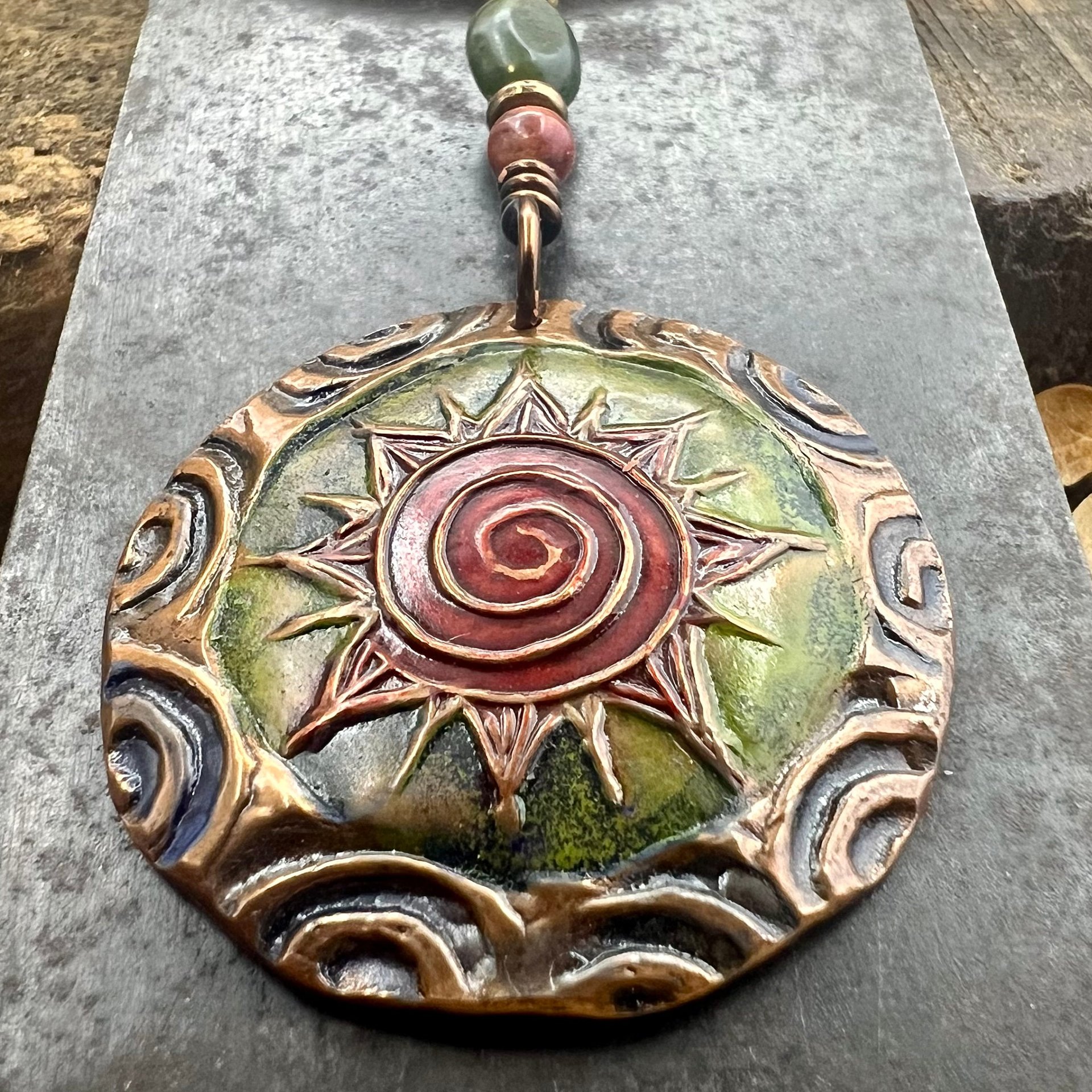 Celtic Sun Spiral Necklace, Copper Patina Pendant, Connemara Marble, Irish Celtic Spirals, Colorful Sun, Red Green, Pagan Celtic Witch Gift