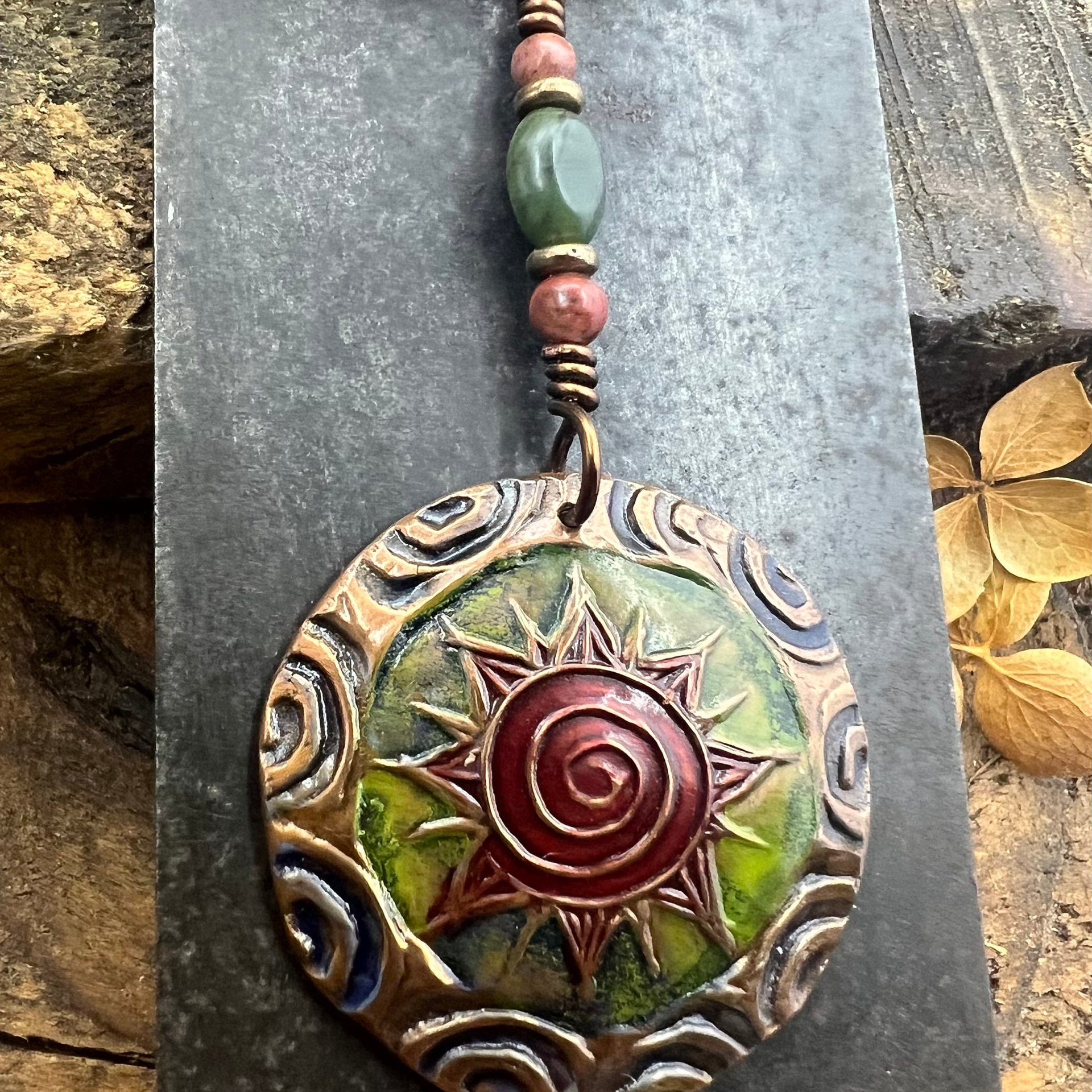 Celtic Sun Spiral Necklace, Copper Patina Pendant, Connemara Marble, Irish Celtic Spirals, Colorful Sun, Red Green, Pagan Celtic Witch Gift