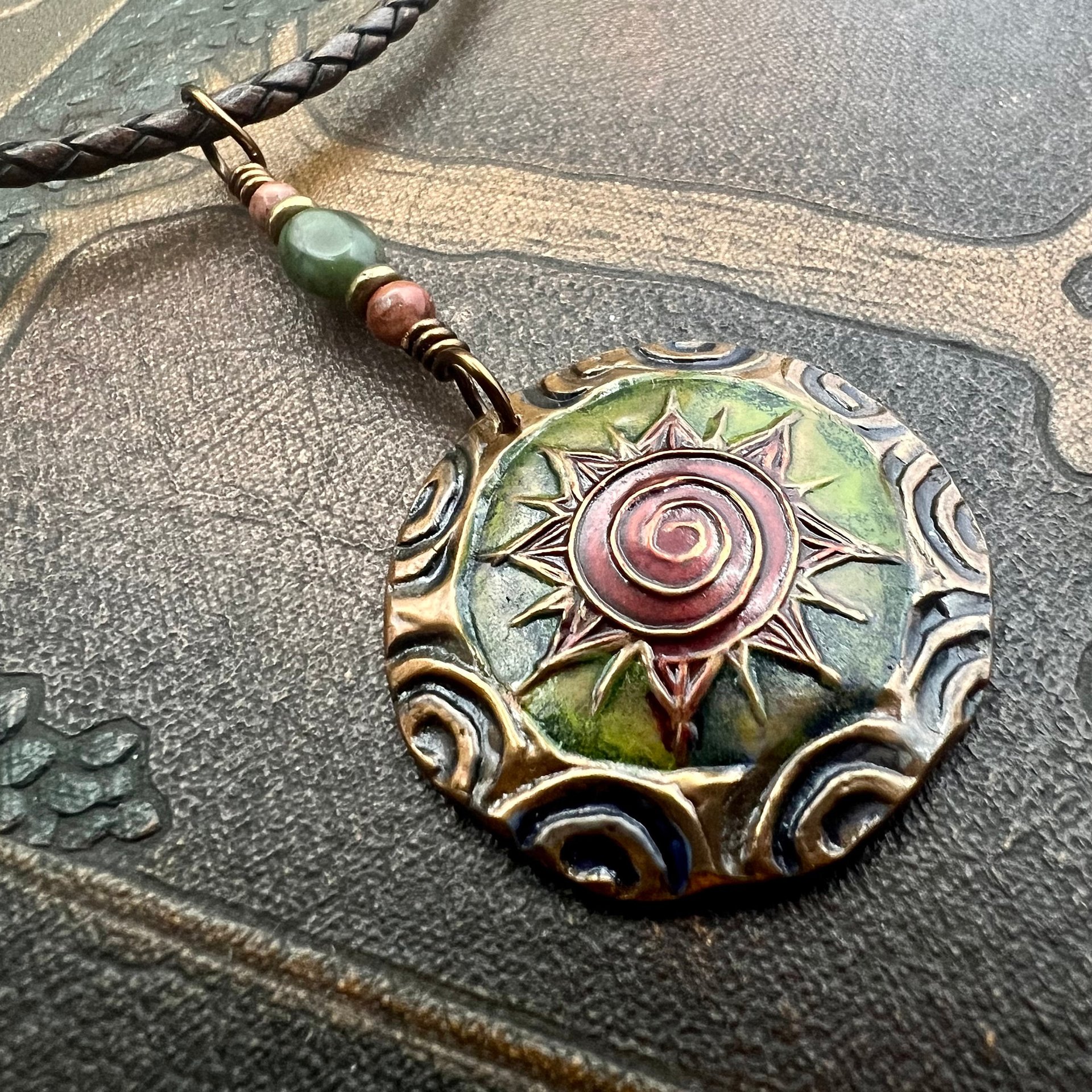 Celtic Sun Spiral Necklace, Copper Patina Pendant, Connemara Marble, Irish Celtic Spirals, Colorful Sun, Red Green, Pagan Celtic Witch Gift
