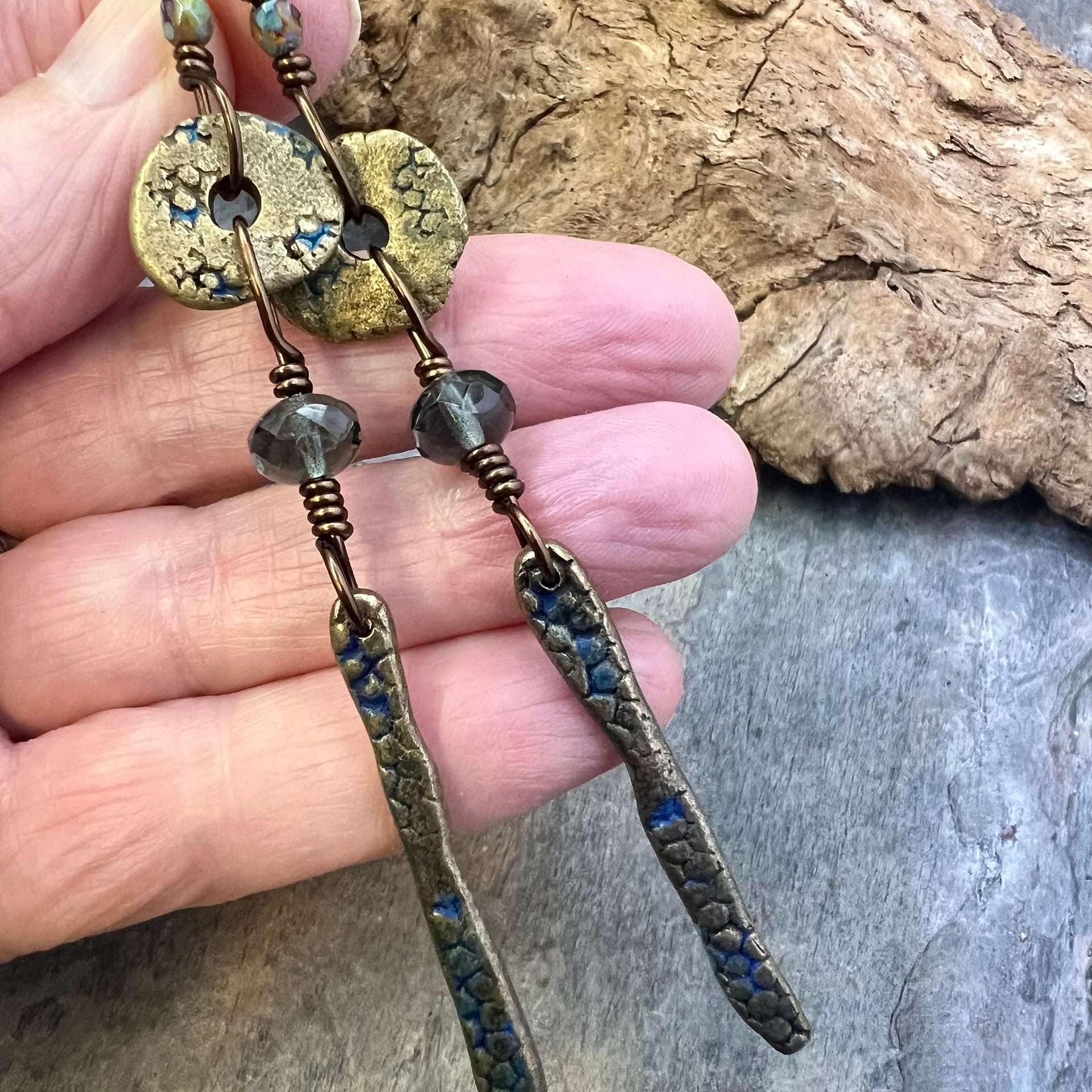 Bronze Dangle Drop Earrings, Coral Fossil Texture, Czech Glass Beads, Bronze and Blue, Hypoallergenic Niobium Ear Wires, Earthy Primitive